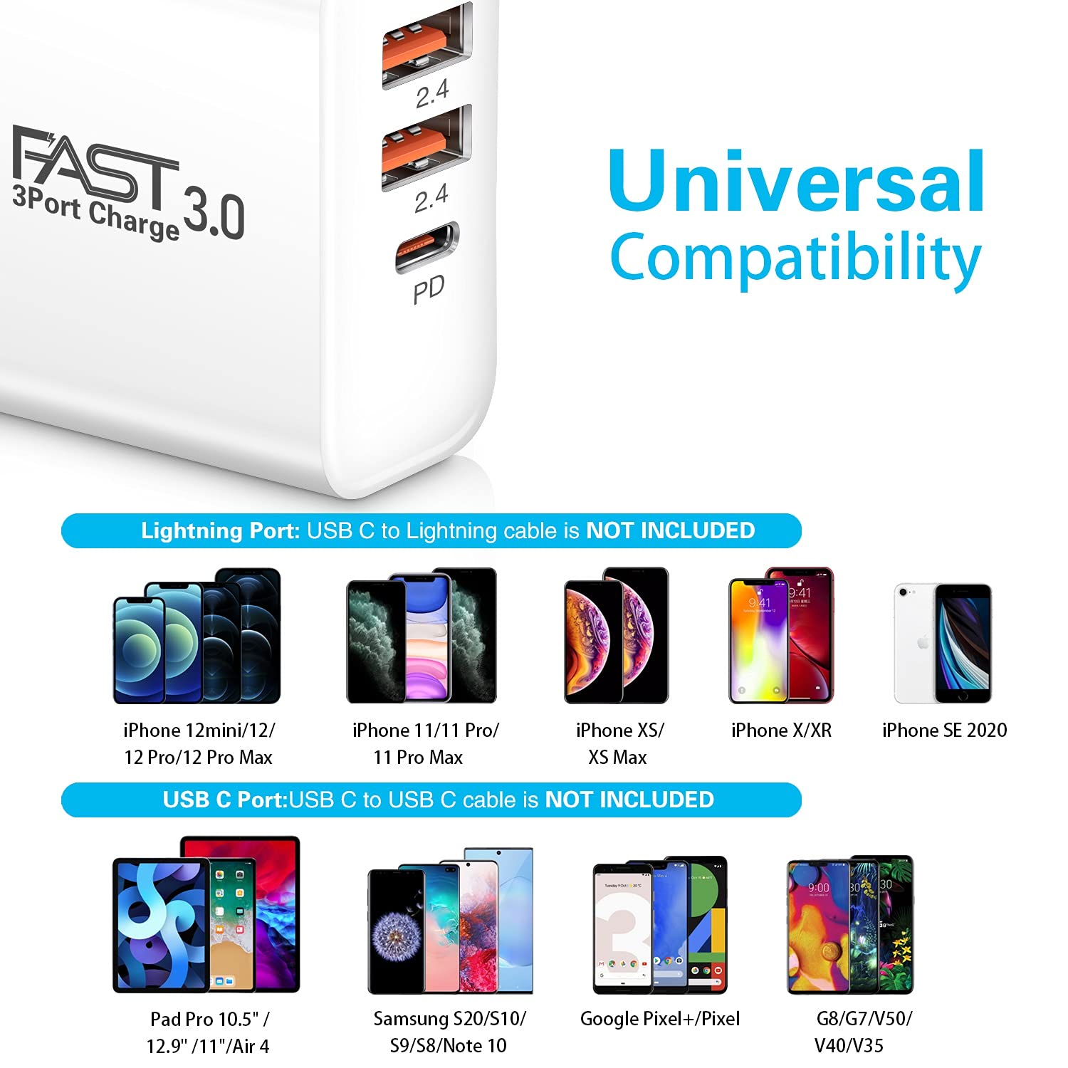 iSeekerKit 30W 3-Port USB C Fast Charger with PD 3.0 & 5V/2.4A, Foldable Wall Charger Block - 2 Pack, Compatible with iPhone 14/13/Pro Max, Samsung Galaxy, Pixel 7 - White | Perfect for Travel, Home & Office Charging