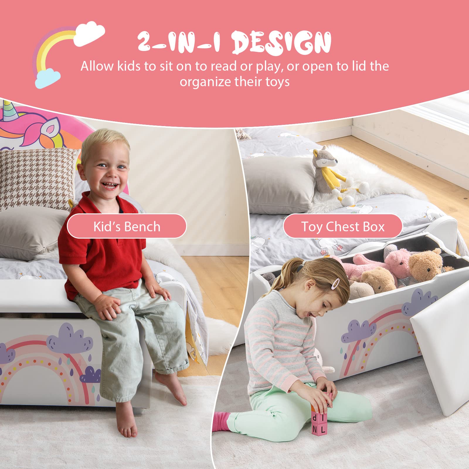 HONEY JOY 2-in-1 Kids Wooden Toy Storage Box with Padded Seat - Large Faux Leather Toy Chest Bench for Nursery, Bedroom & Playroom - Carry Handles for Easy Moving - Perfect for Organizing Toys, Books & Kids' Room Decor (Cloud Design)