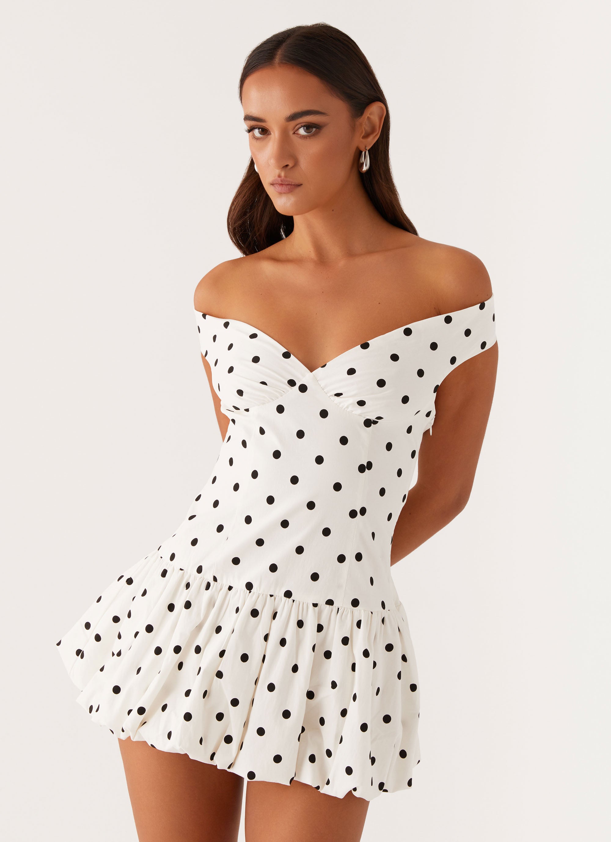 Endless Romance Off Shoulder Mini Dress - White Polka Dot Summer Party Dress for Women, Beach Vacation, Date Night Outfit
