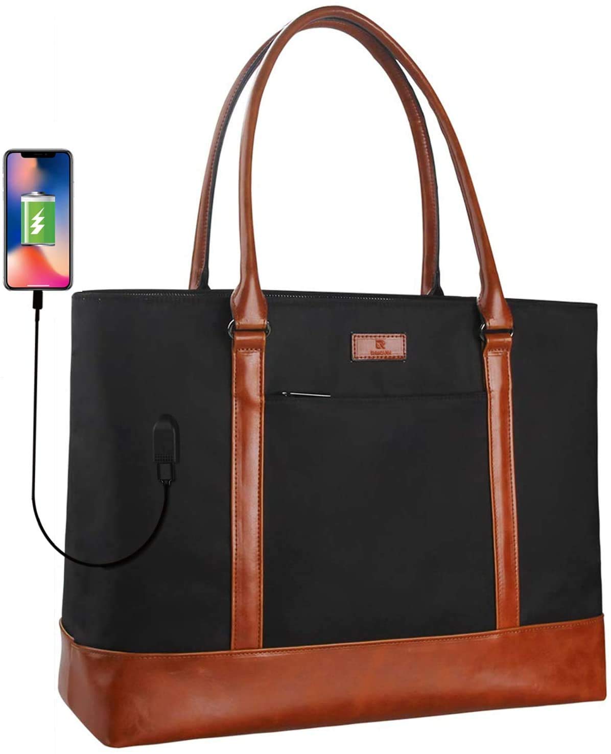 Stylish Women's Laptop Tote Bag with USB Charging Port - Large Work Purse Fits 15.6 Inch Laptop - Lightweight Waterproof Teacher Shoulder Bag & Professional Messenger Bag (Black) - Perfect for Office, Business Travel & College Commuting