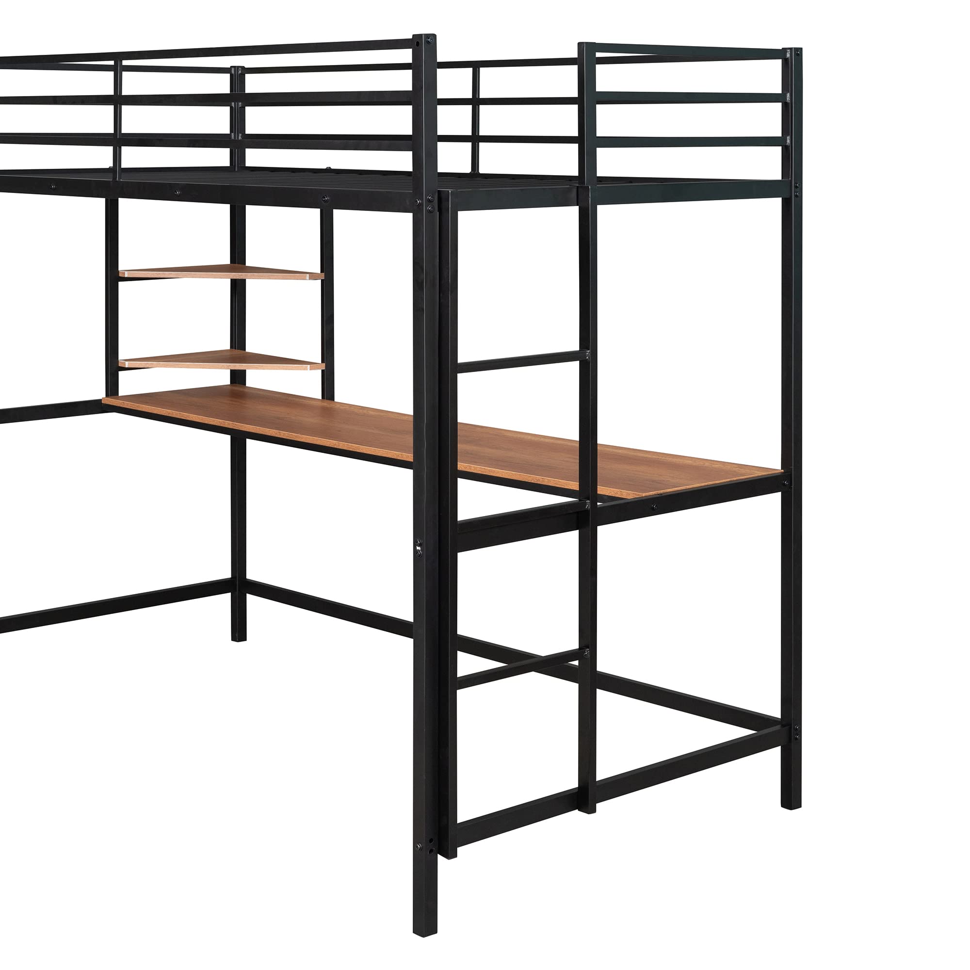 Twin Size Loft Bed with Desk & Storage - Heavy Duty Metal Frame with Safety Guardrail for Kids - Space Saving Black Loft Bed for Small Rooms & Dormitories - Perfect for Study, Sleep & Organization