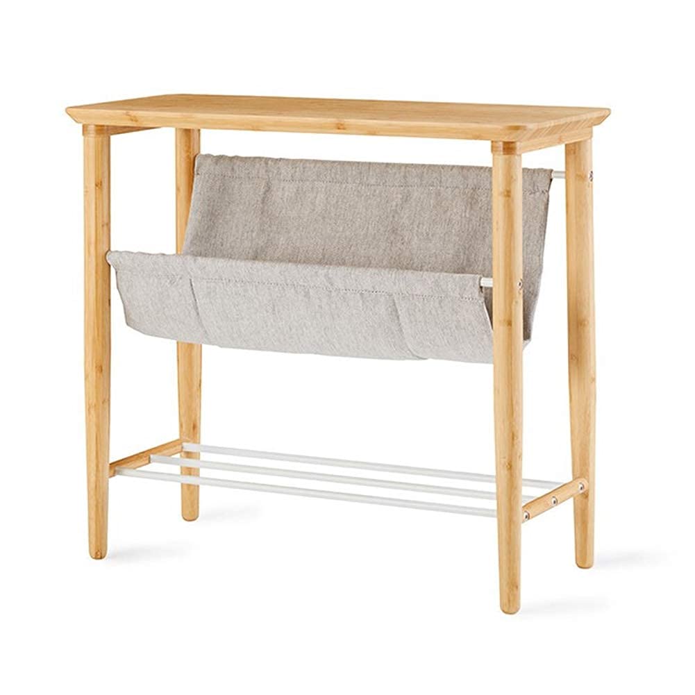 Modern Bamboo 3-Tier Square Sofa Side Table with Storage Bag & Shelf - Accent End Table for Living Room, Bedroom, or Bedside - Perfect for Storing Magazines, Remotes & Decor