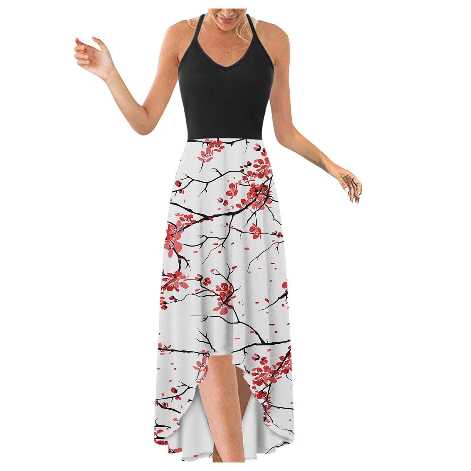 Plus Size Women's Summer Dresses - Floral Print V-Neck Sleeveless Loose Long Dress for Casual Wear | Beach Vacation, Garden Party & Outdoor Date Outfit
