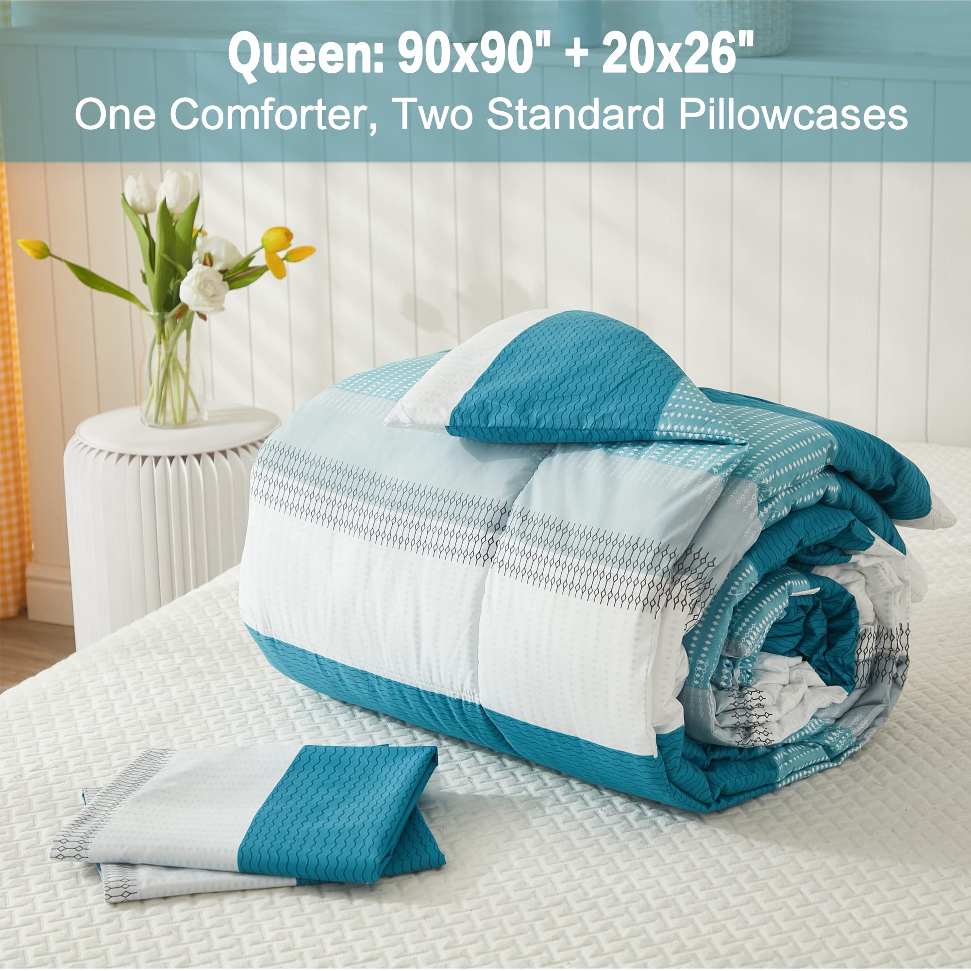 Litanika Queen Comforter Set - 3 Piece Lightweight Fluffy Down Alternative Bedding in White & Teal (Comforter + 2 Pillow Shams) | All Season Soft Duvet Insert for Cozy Bedroom Decor & Guest Room Essentials