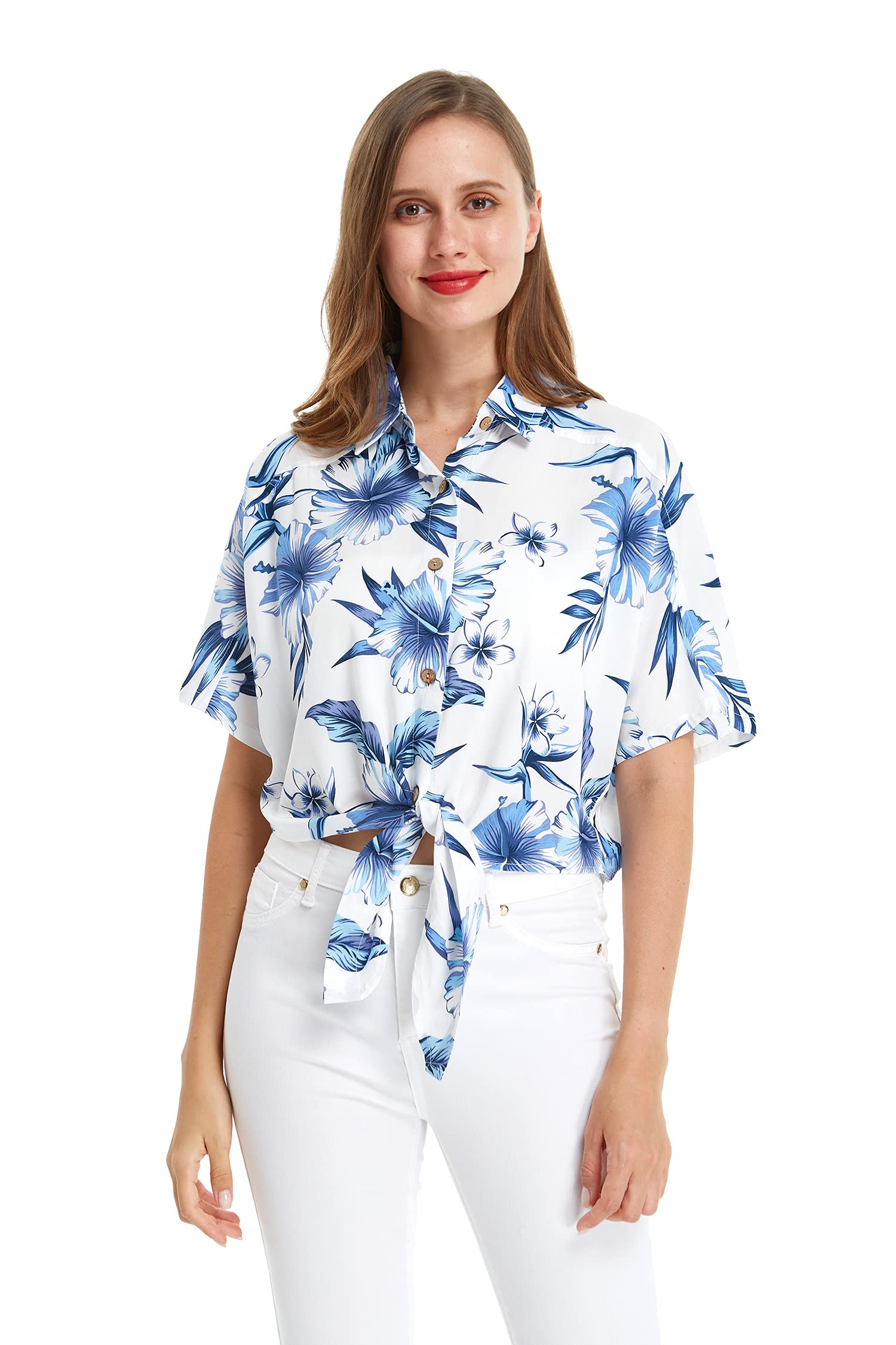 Women's Hawaiian Floral Tie Front Crop Top Aloha Shirt - Hibiscus Print Summer Beach Vacation Outfit for Women