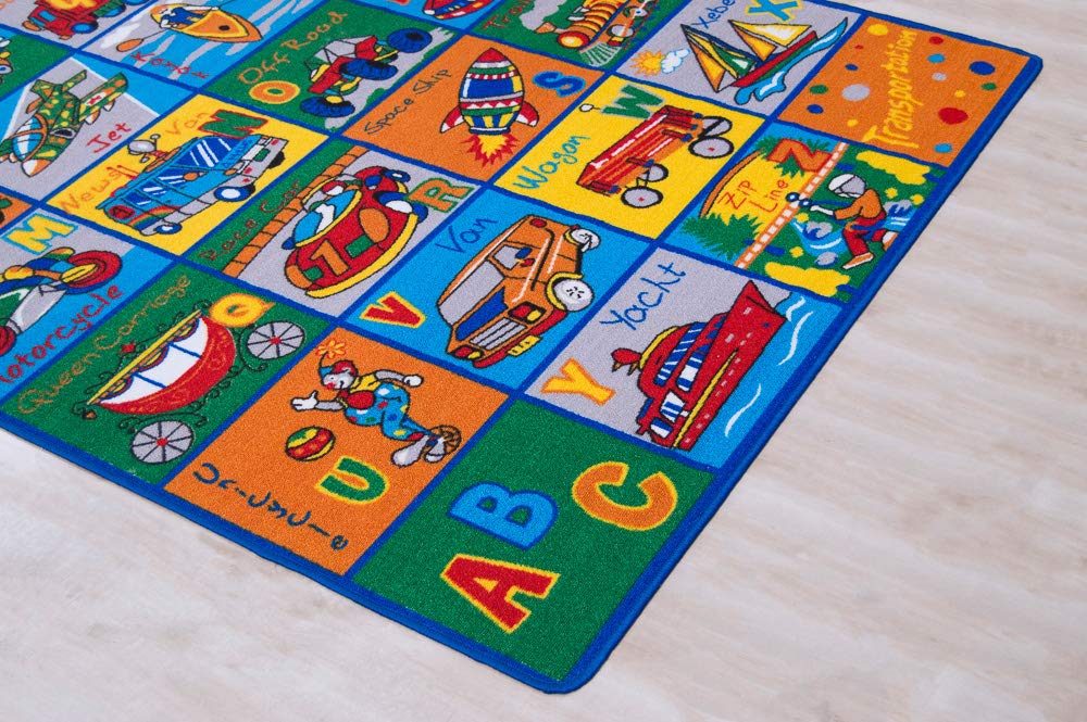 Handmade Kids Educational Play Rug - Alphabet Cars & Transportation Puzzle Mat 8x10 Feet - Colorful ABC Learning Carpet for Playrooms, Classrooms & Daycare Centers