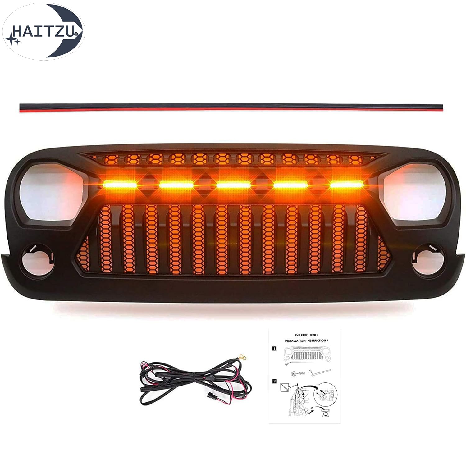 Jeep Wrangler JK & JKU Angry Face Grill (2007-2018) - Matte Black with 5 Amber Lights | Compatible with Rubicon, Sahara, Sport Models | Off-Road & Custom Jeep Accessories Upgrade
