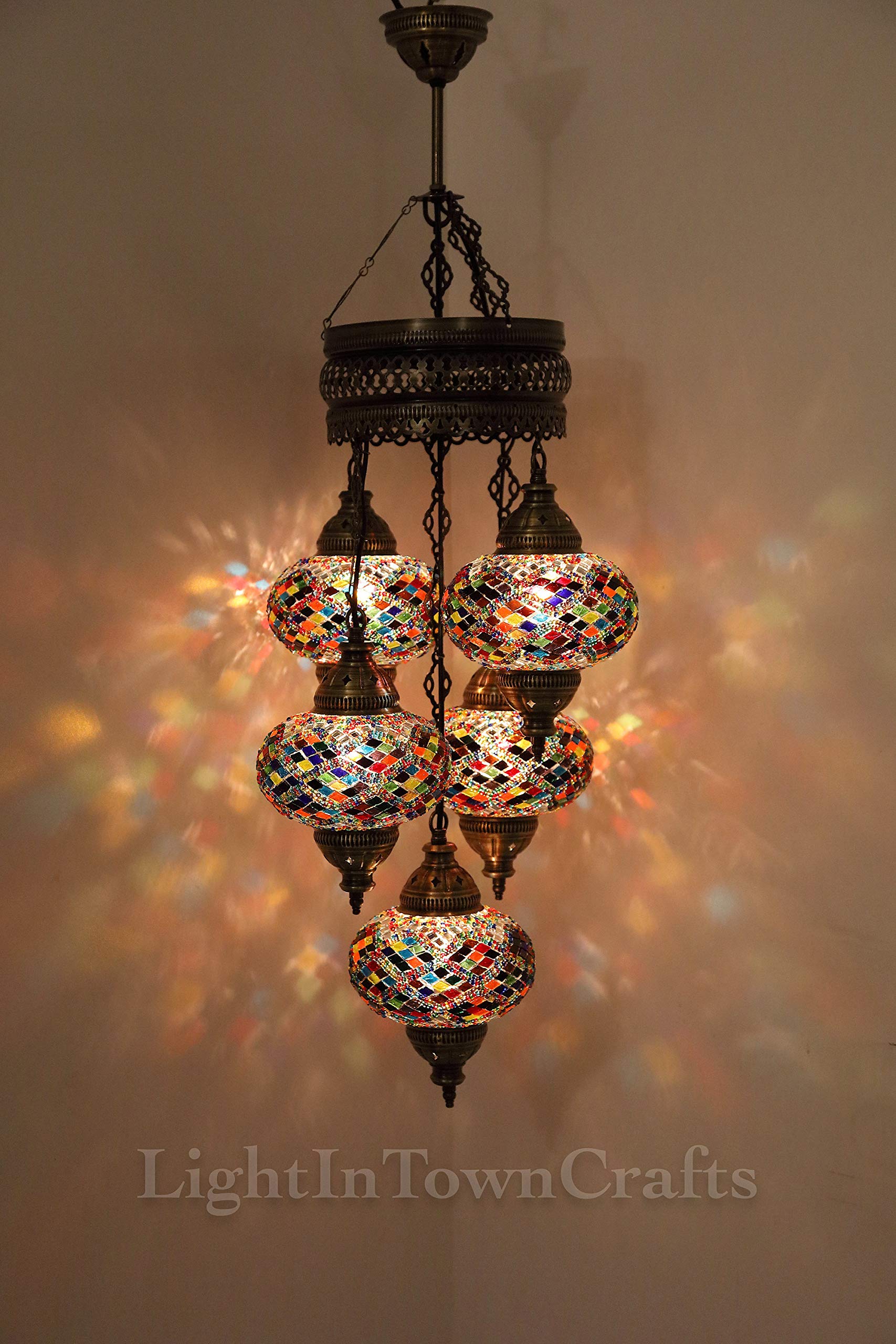 Handmade Turkish Moroccan Mosaic Chandelier - 5 Globe Sultan Hanging Ceiling Pendant Light Lamp for Living Room, Dining Room & Bedroom | Unique Home Decor Lighting Fixture & Gift Idea