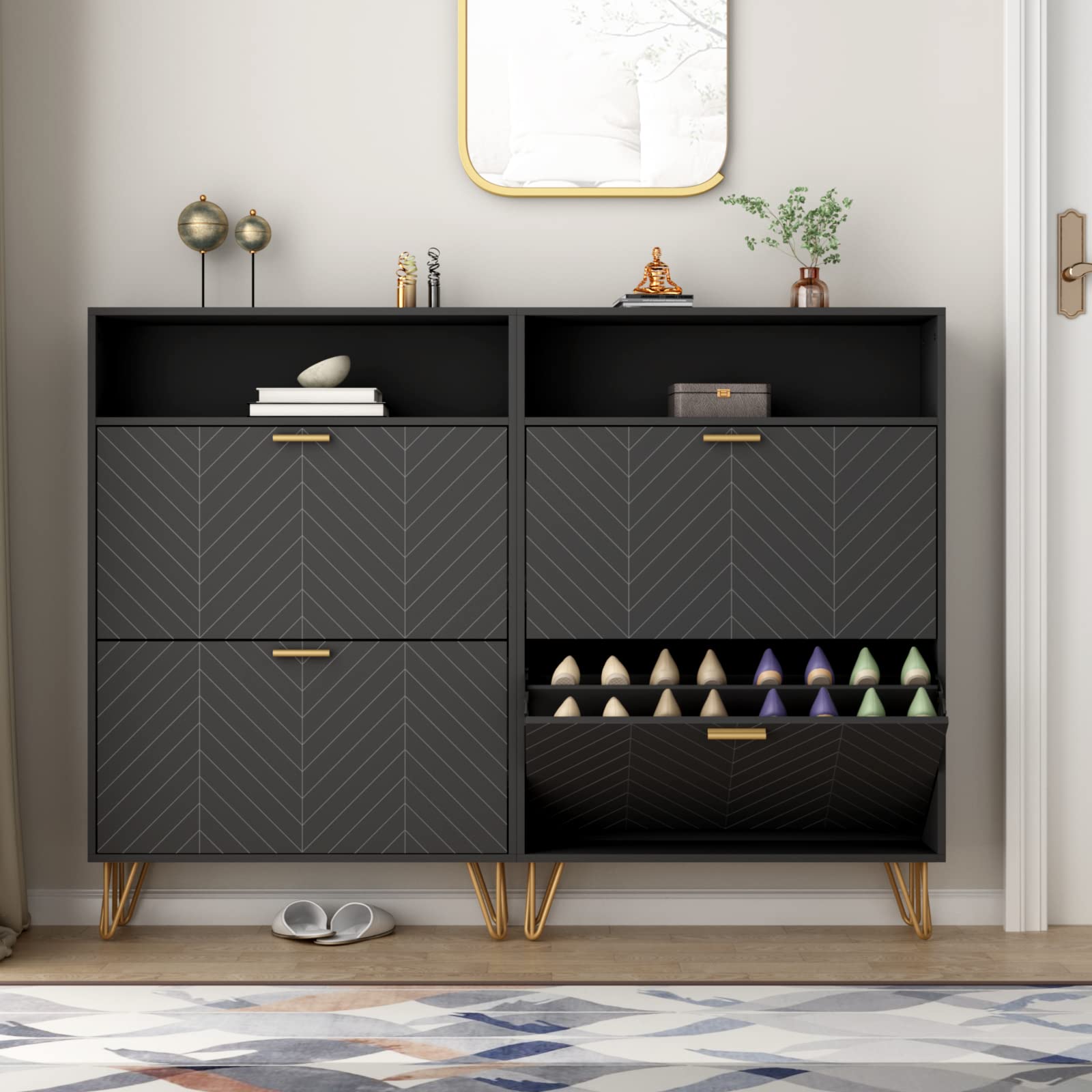 Modern Tipping Bucket Shoe Storage Cabinet with 2 Flip Drawers - Space Saving Entryway Shoe Rack with Storage Top Cubby, Narrow Slim Hidden Organizer with Doors - Freestanding Shoe Cabinet for Small Spaces (Black) | Perfect for Apartments, Hallways & Closet Organization