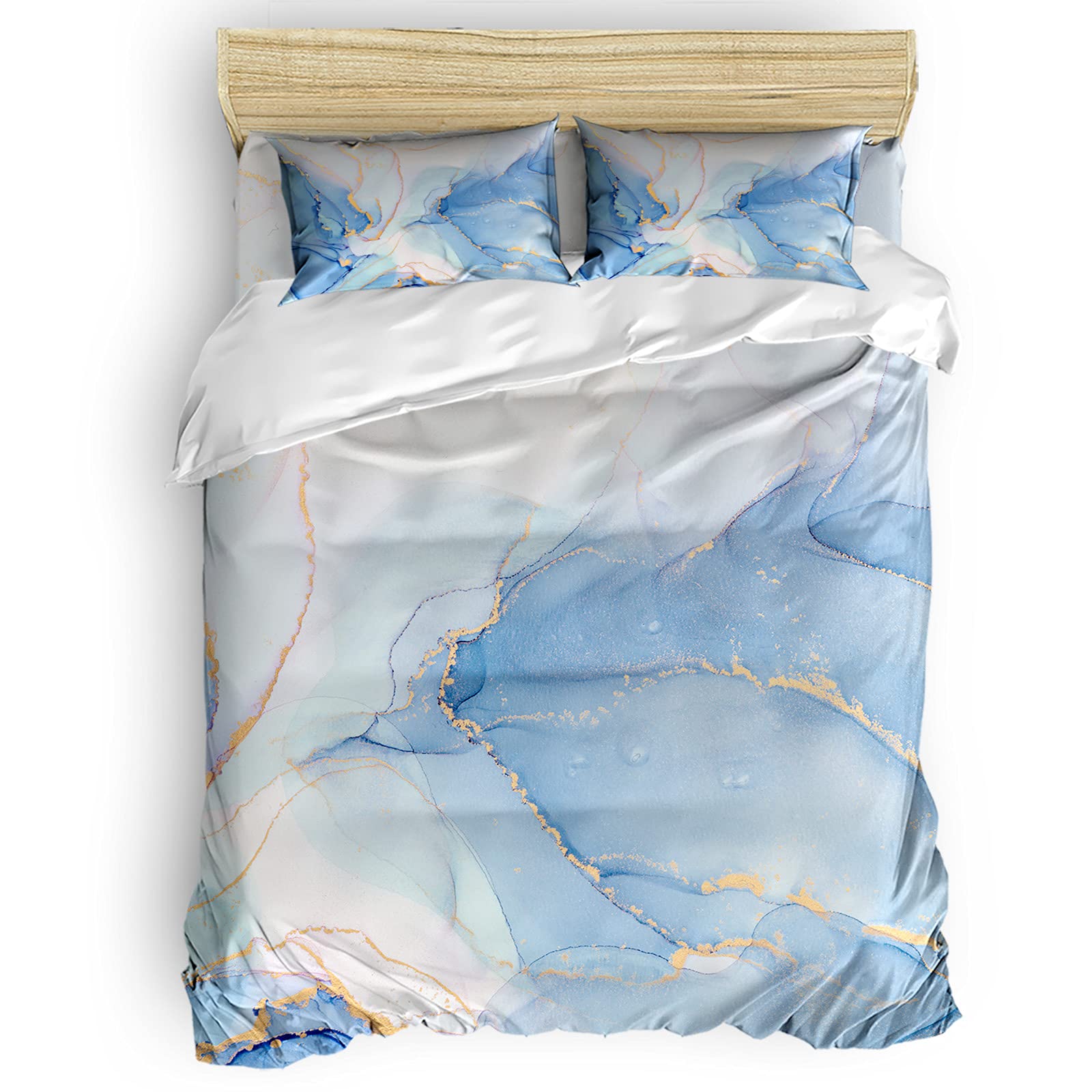 4-Piece Marble Duvet Cover Set - Full Size Breathable Microfiber Bedding with Duvet Cover, 2 Pillow Shams & Sheet - Abstract Watercolor Blue Gold Design - Lightweight & Artistic Home Decor for Master Bedroom, Guest Room or Dorm