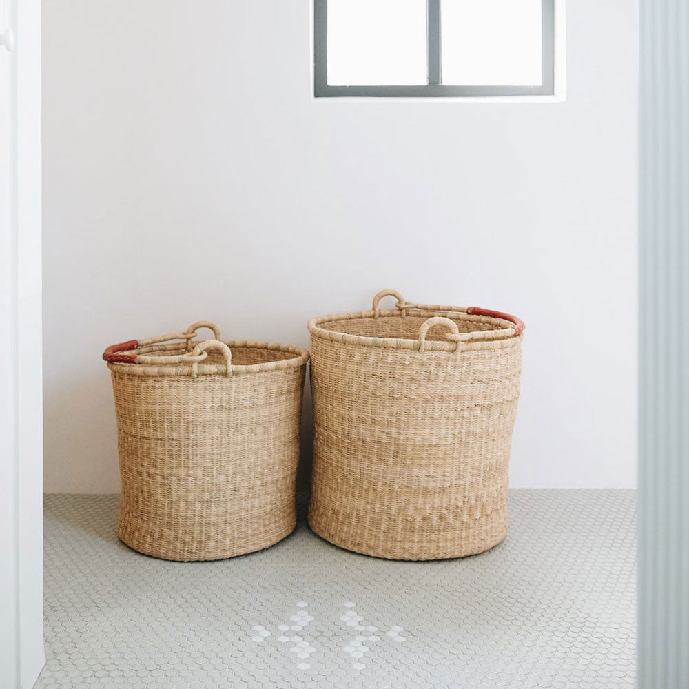 Natural Bolga Hamper Basket Set with Leather Handles - Handwoven Storage for Laundry, Toys & Home Decor - Perfect for Nursery, Bathroom & Farmhouse Style