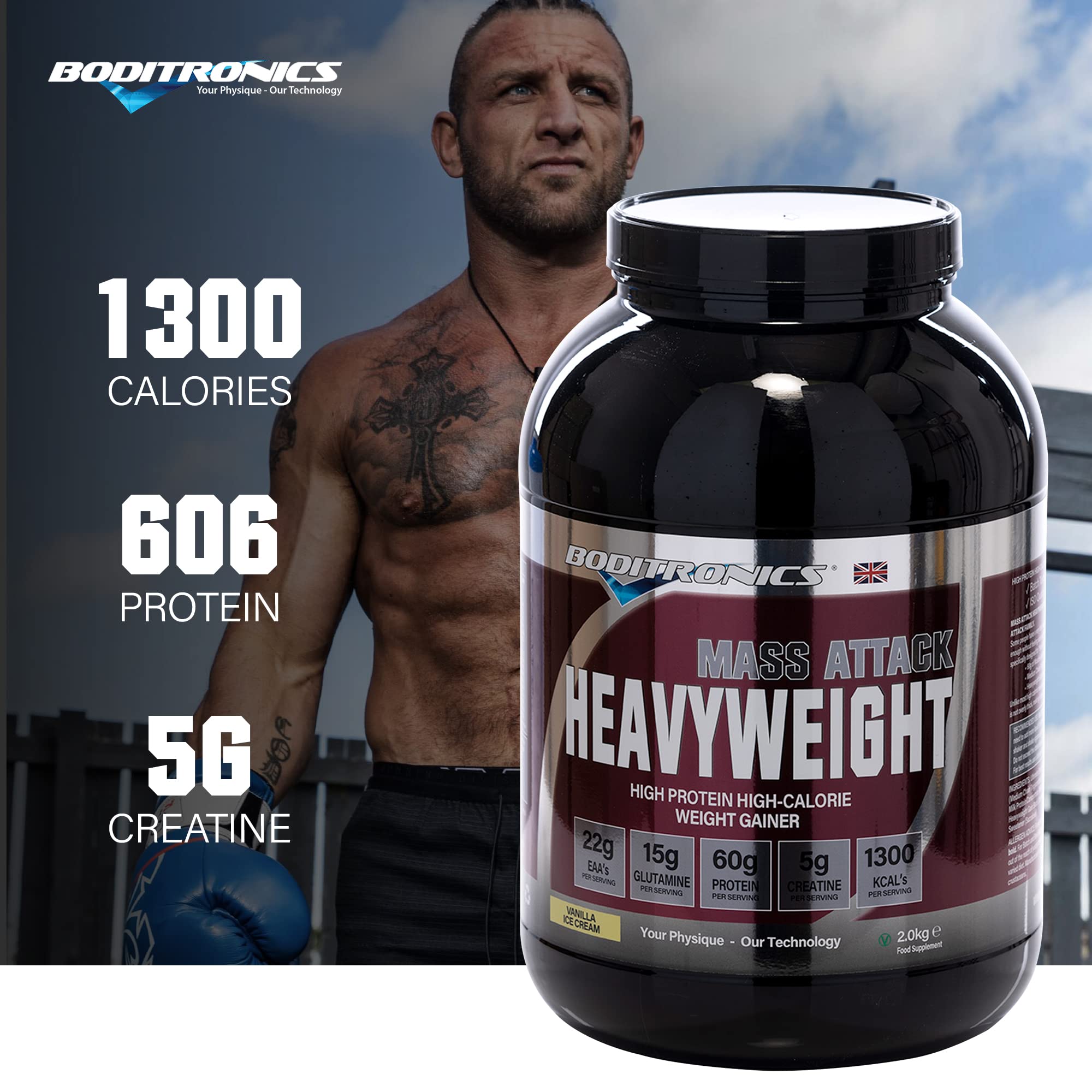 Boditronics Mass Attack Heavyweight 2kg Weight Gain Supplement for Bodybuilding & Muscle Growth - Perfect for Post-Workout Recovery & Strength Training