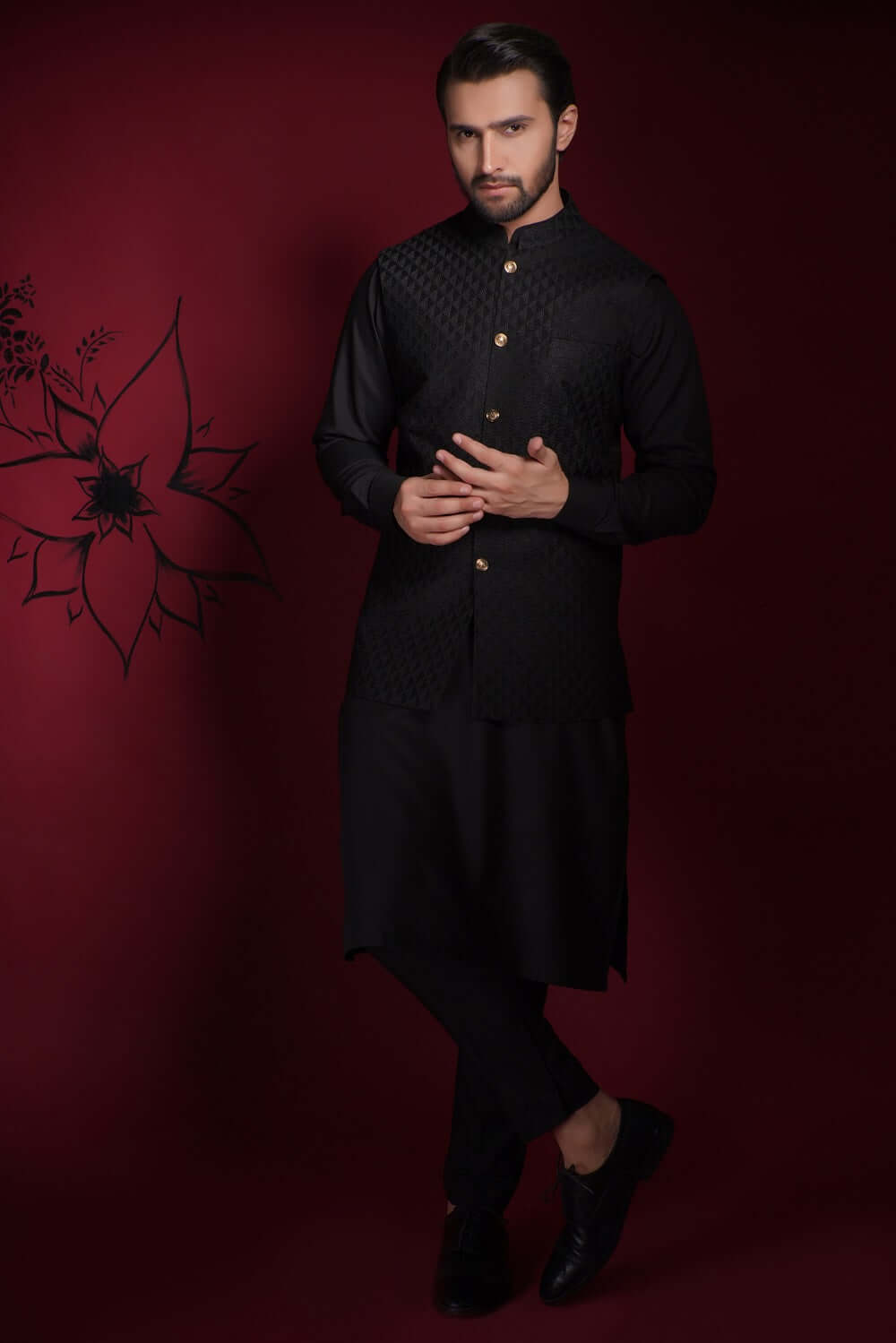 Jet Black Diamond Classic Signature Waistcoat Shawl Set for Men - Elegant Formal Wear for Weddings, Parties & Special Occasions