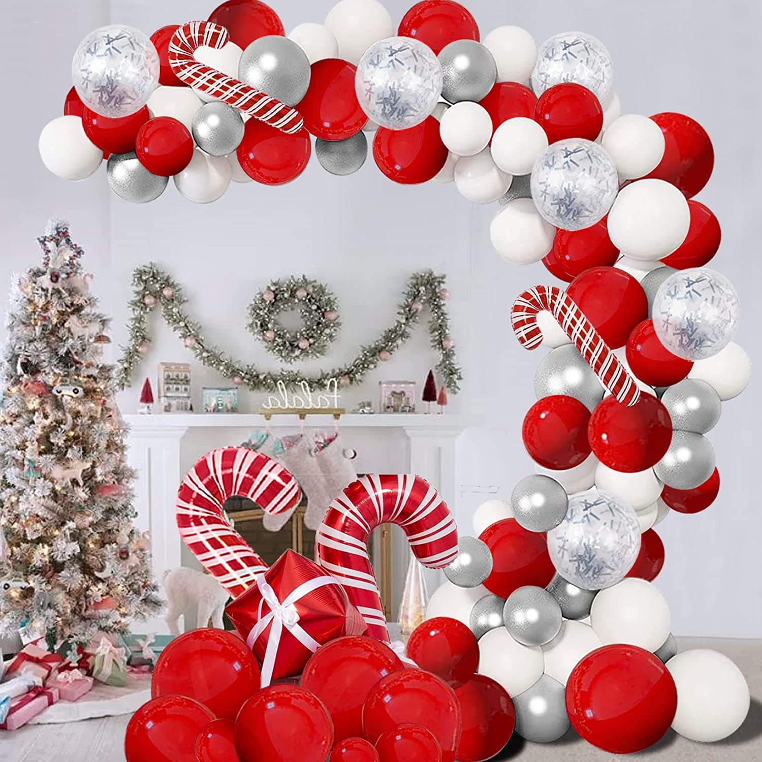 Bonropin Christmas Balloon Garland Arch Kit - Red White Silver Candy Cane Balloons & Gift Box for Xmas Party Decorations | Holiday Home Decor, Christmas Tree Decoration, Festive Party Backdrop