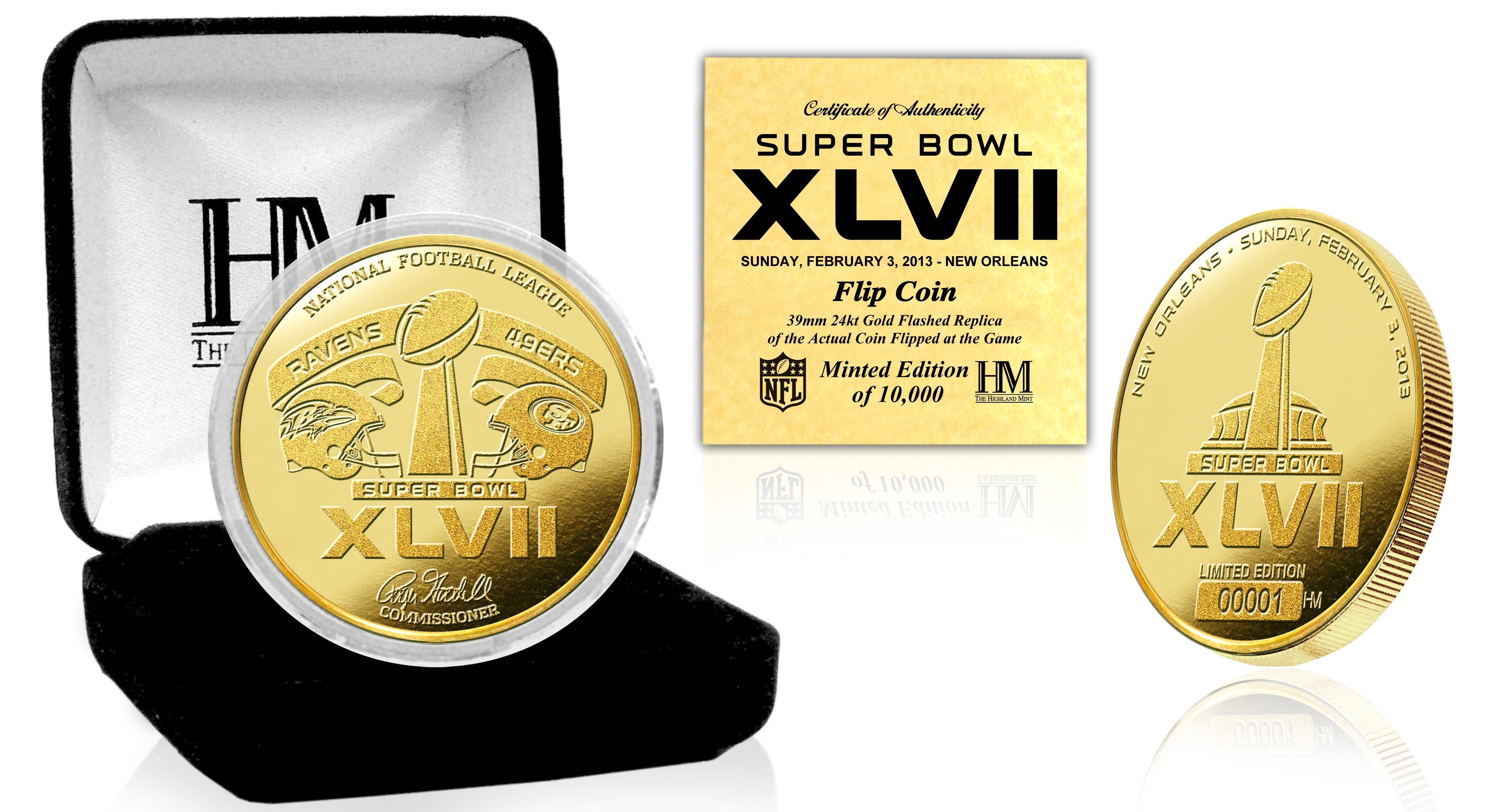 Official NFL Super Bowl XLVII 24K Gold-Plated Commemorative Flip Coin - Collector's Edition for Football Fans, Sports Memorabilia & Game Day Decor