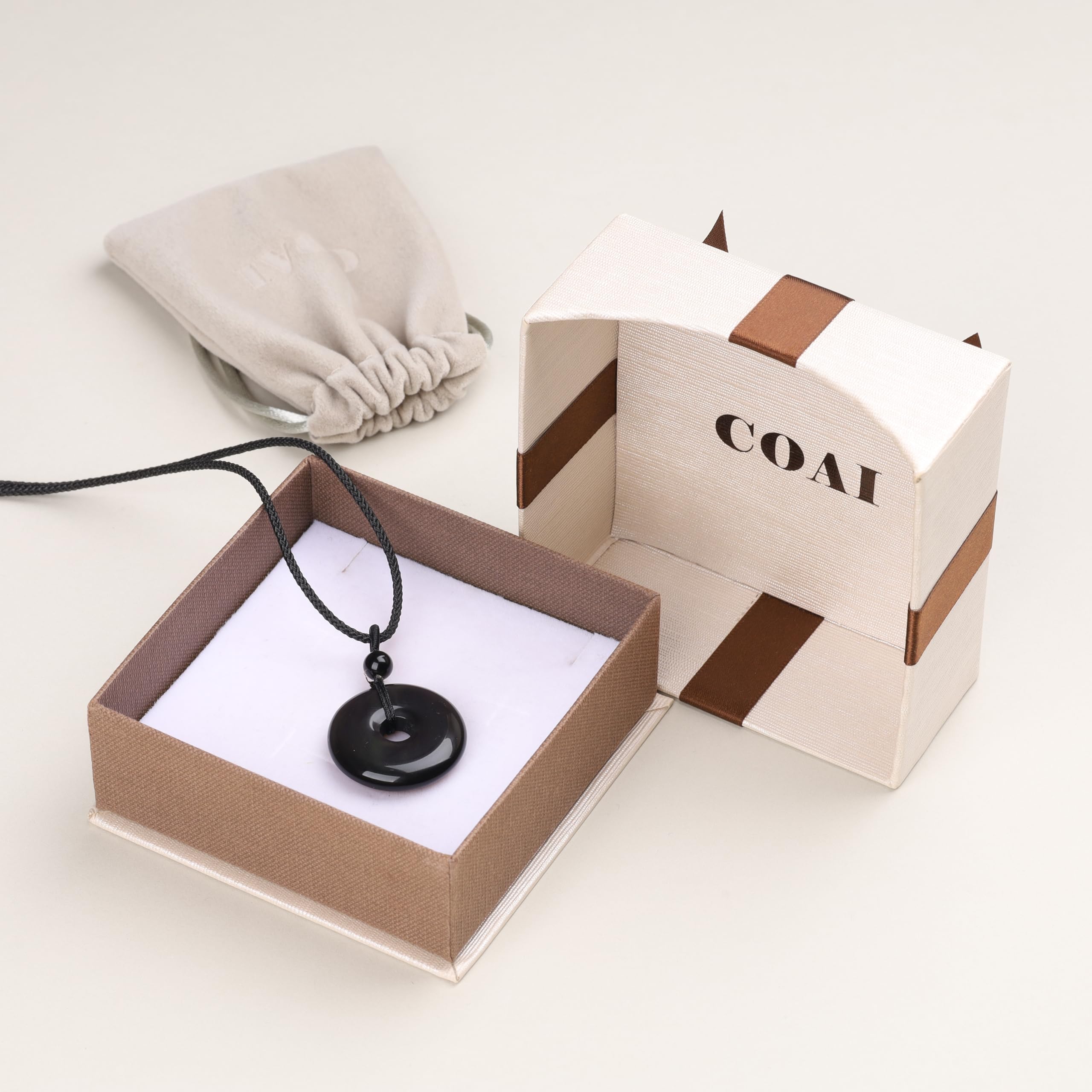 COAI Crystal Donut Necklace - Obsidian, Tiger Eye, Rose Quartz, Fluorite, Agate - Unisex Pendant for Men & Women - 28 Inch Nylon Cord - Spiritual Healing Jewelry for Meditation, Yoga & Daily Wear