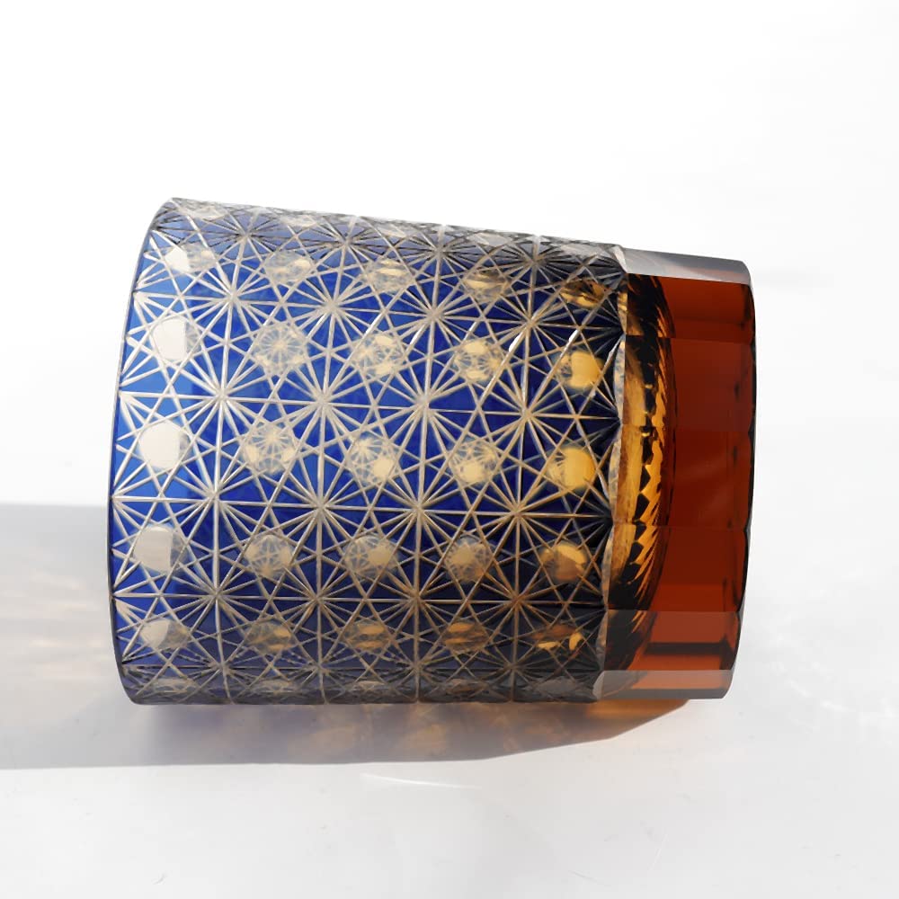 Premium Hand-Cut 8oz Amber & Blue Crystal Old Fashioned Whiskey Glasses Set with Gift Box - Elegant Barware for Cocktails, Bourbon, Scotch & Home Entertaining