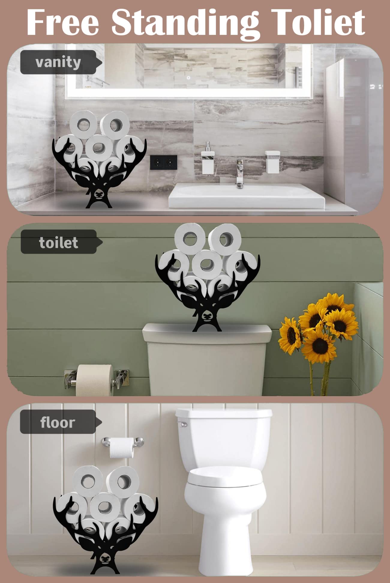 Black Antler Animal Toilet Paper Holder Stand - Free Standing Metal Bathroom Organizer for 8 Rolls - Farmhouse Style Paper Roll Storage Rack - Perfect for Rustic Bathrooms, Cabins & Hunting Lodges