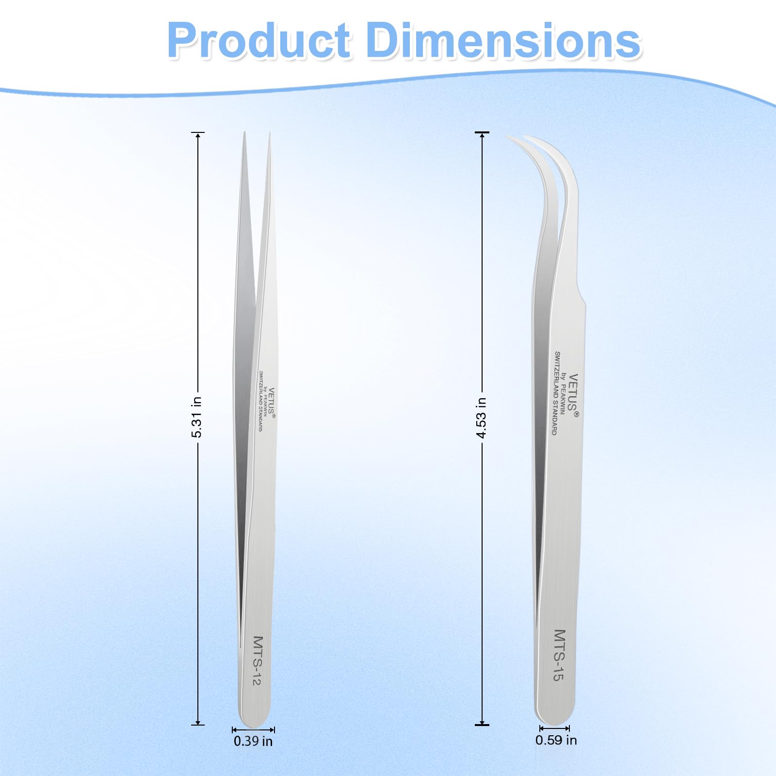 Professional VETUS Lash Tweezers Set - J Curve & Straight Stainless Steel Eyelash Extension Tweezers for Volume & Individual Lashes (MTS-12 & MTS-15, Silver) | Perfect for Salon, DIY Lash Extensions & False Eyelash Application