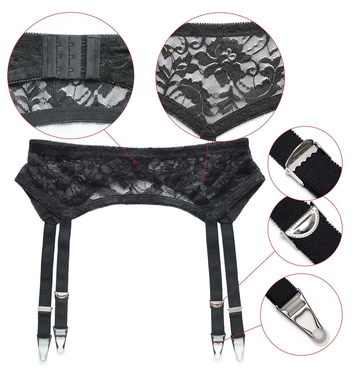 Sexy Black Lace Garter Belt for Women with 4 Vintage Metal Clips - Thigh High Stockings Suspender for Bridal, Lingerie & Special Occasions