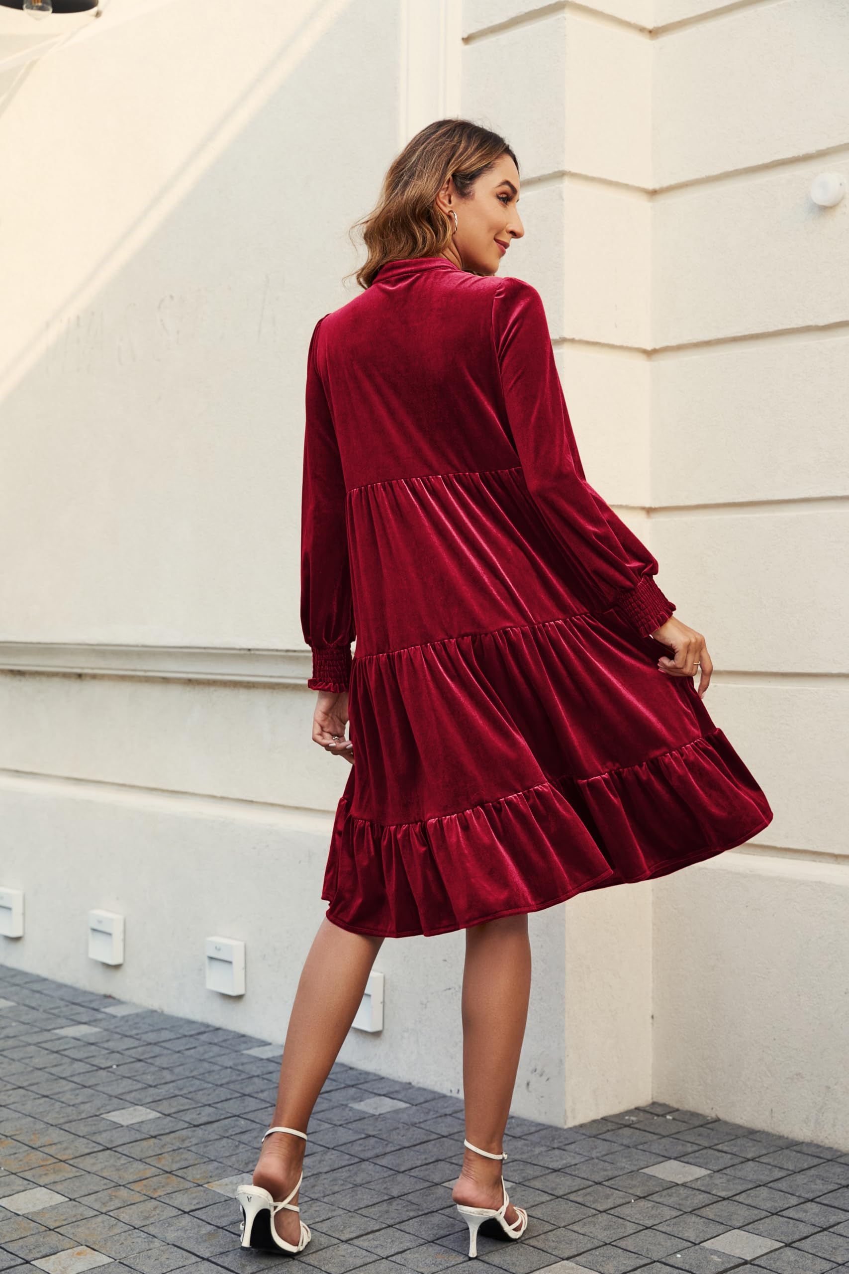 CYLADY Women's 2024 Spring Velvet Ruffle V-Neck Long Sleeve Flowy Swing Dress - Elegant Casual Tunic Shift Dress for Work, Date Night & Special Occasions