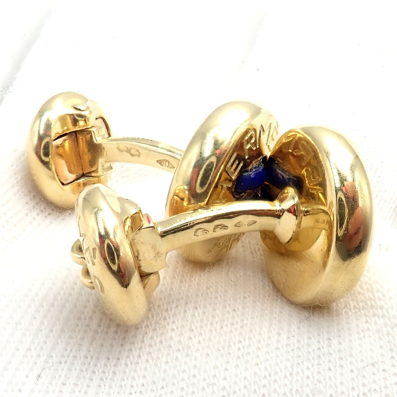 Vintage Authentic Hermes Paris 18k Yellow Gold Men's Lapis Button Cufflinks - Luxury Collectible Jewelry for Formal Events & Gifts
