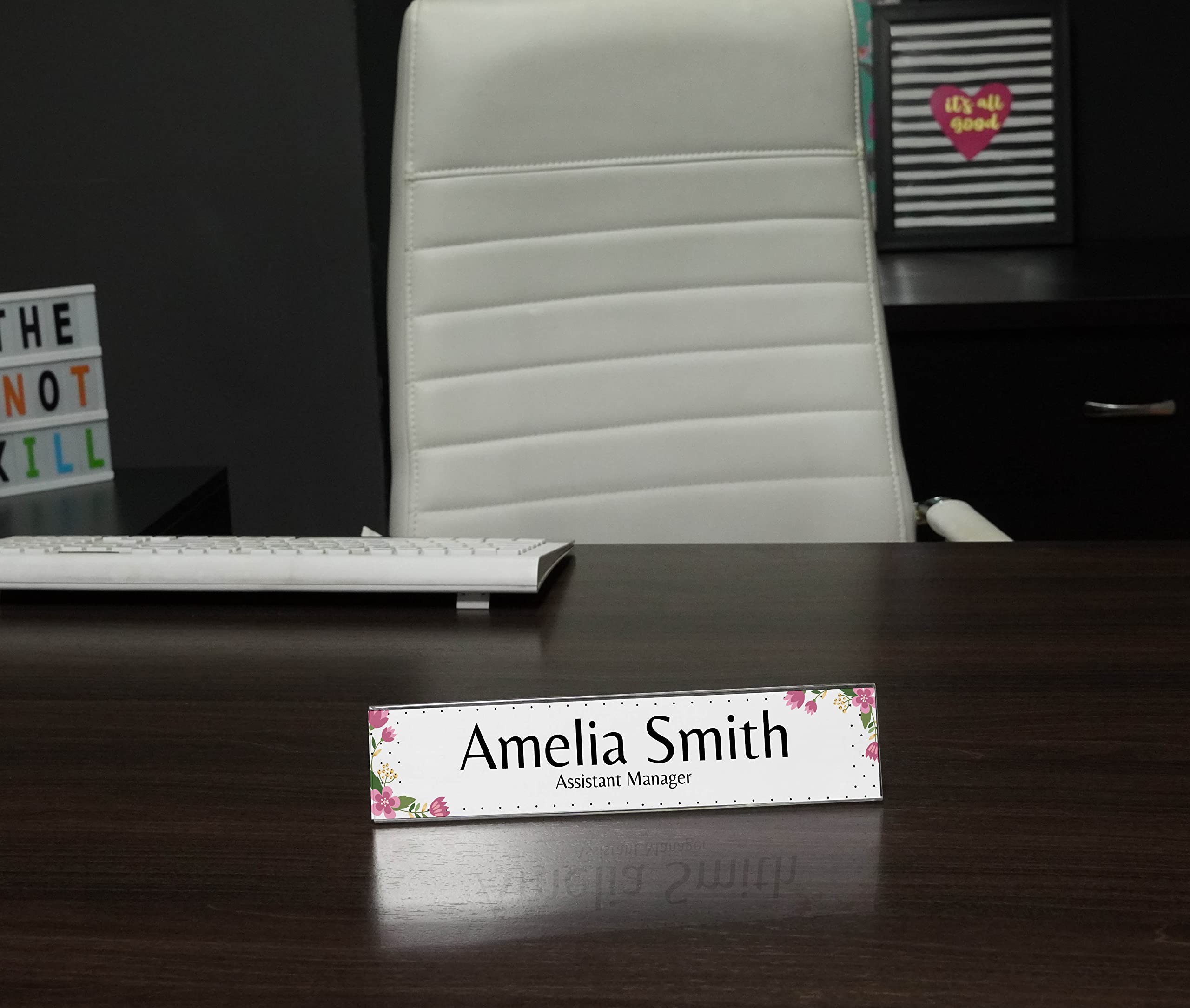 Custom Acrylic Office Desk Name Plate - Hand-Painted Floral Design - Personalized 2x10 Inches - Perfect for Corporate Gifts, Home Office Decor & Reception Desk Name Signs