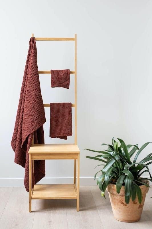Premium Wooden Freestanding Multi-Tier Towel Rack Stand with Shelf - Bathroom, Bedroom, Kitchen & Gym Towel Organizer | Space-Saving Ladder Style Towel Holder for Hand & Bath Towels - Perfect for Small Spaces & Home Decor A79