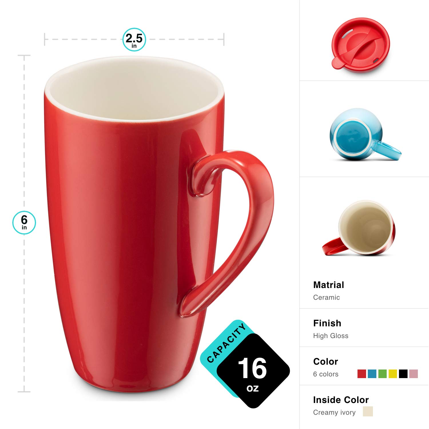 Premium 6-Pack Ceramic Coffee Mugs with Lids - 16oz Insulated Travel Tumbler Set for Hot & Cold Drinks - Perfect for Office, Camping, Road Trips & Daily Commute - BPA-Free & Dishwasher Safe