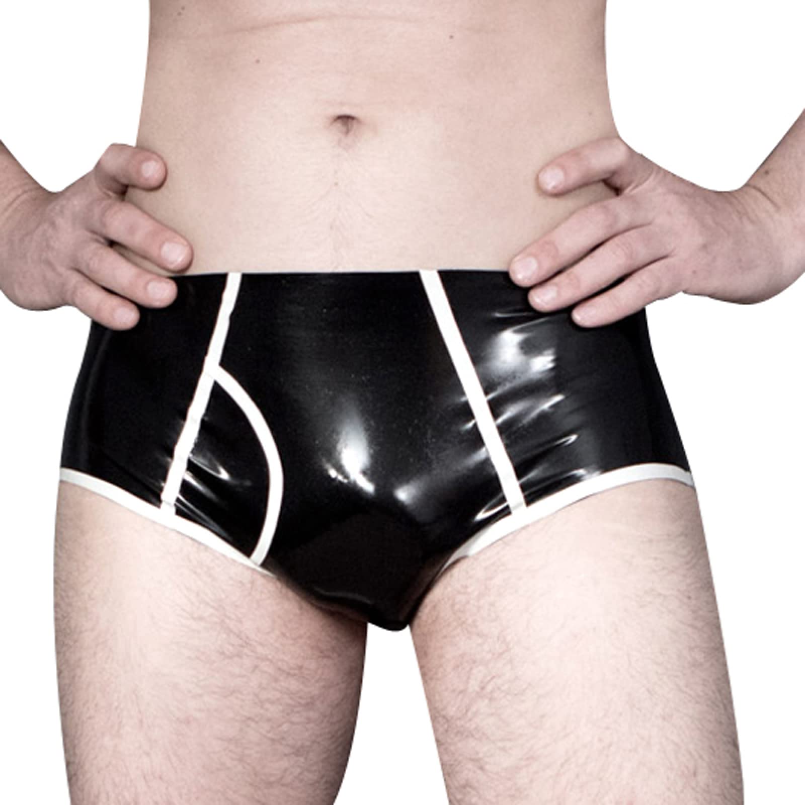 Sexy Black and White Striped Latex Boyshorts - Breathable Rubber Panties with Cut-Out Design - XS Size for Women - Perfect for Cosplay, Fetish Wear & Sensual Lingerie Nights