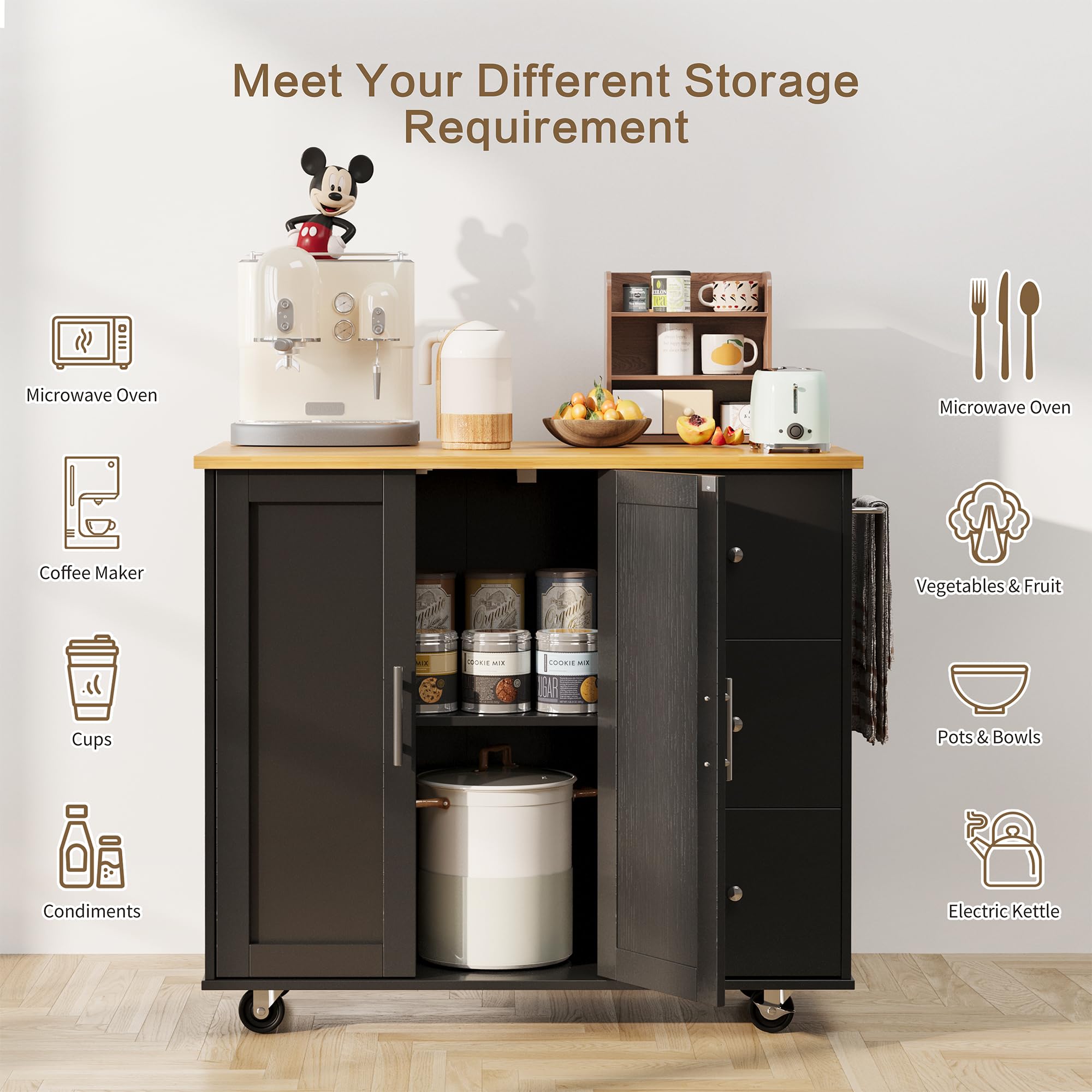 SUNLEI 39.7-Inch Rolling Kitchen Island with Storage Cabinet, Foldable Drop Leaf & Towel Rack Handle - Portable Mobile Kitchen Cart for Small Spaces, Dining Extension, Food Prep & Extra Counter Space (Classic Black)