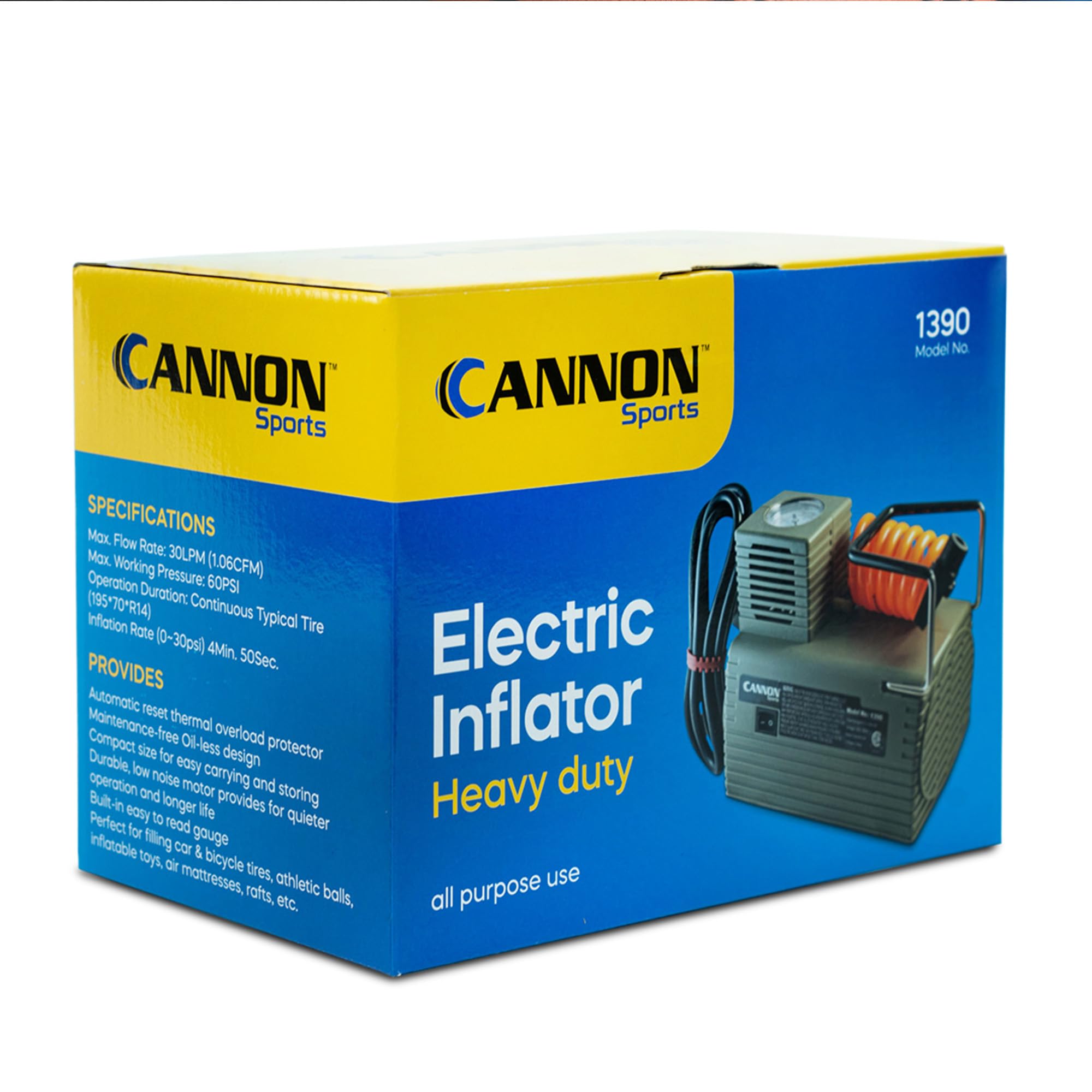 Cannon Sports Electric Ball Inflator Pump with Pressure Gauge - 1/8 HP Oil-Free Air Compressor for Basketballs, Soccer Balls, Exercise Balls, Tires, Pool Floats & Air Mattresses | Portable Inflator for Home, Gym, Camping & Outdoor Activities