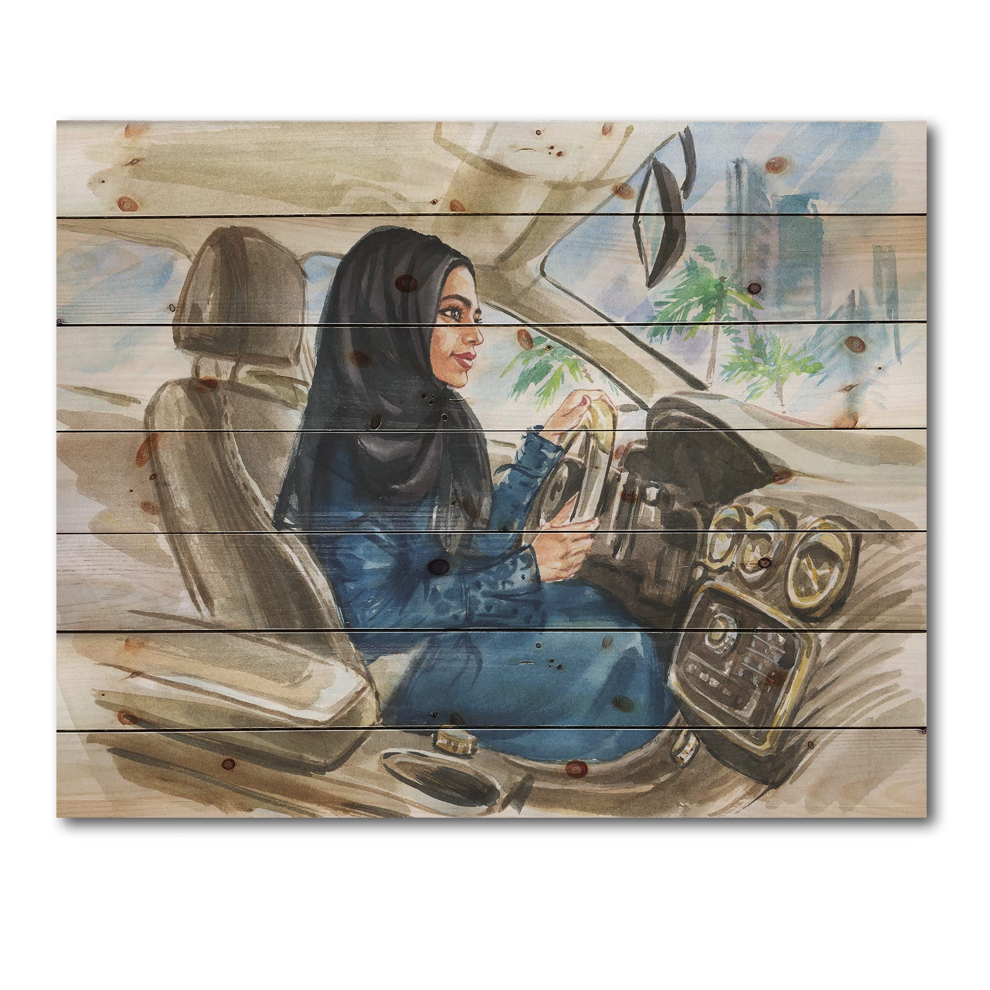 DesignQ Arabian Woman Driving Car - Modern Contemporary Wood Wall Art Decor, Blue Wood Panel Print on Natural Pine - Perfect for Living Room, Bedroom & Office Decor