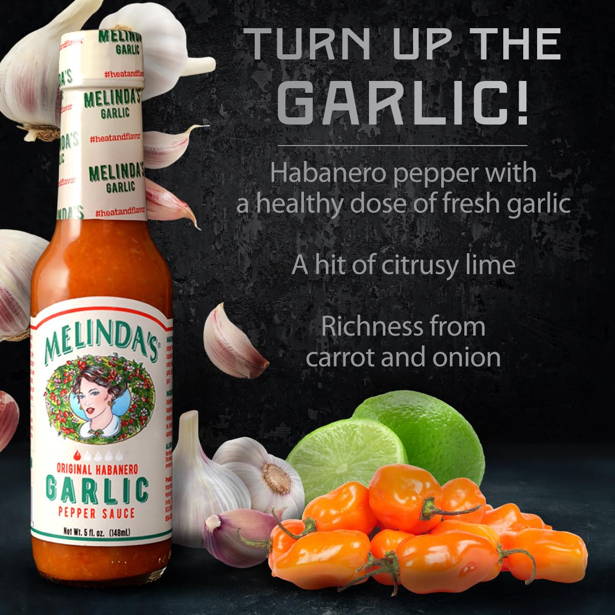 Melinda’s Garlic Habanero Hot Sauce - Spicy Gourmet Hot Sauce with Habanero Peppers, Carrots & Onion - Keto, Vegan, Gluten Free, Kosher Certified - 5oz Bottle (Pack of 4) - Perfect for Tacos, Wings & Grilling