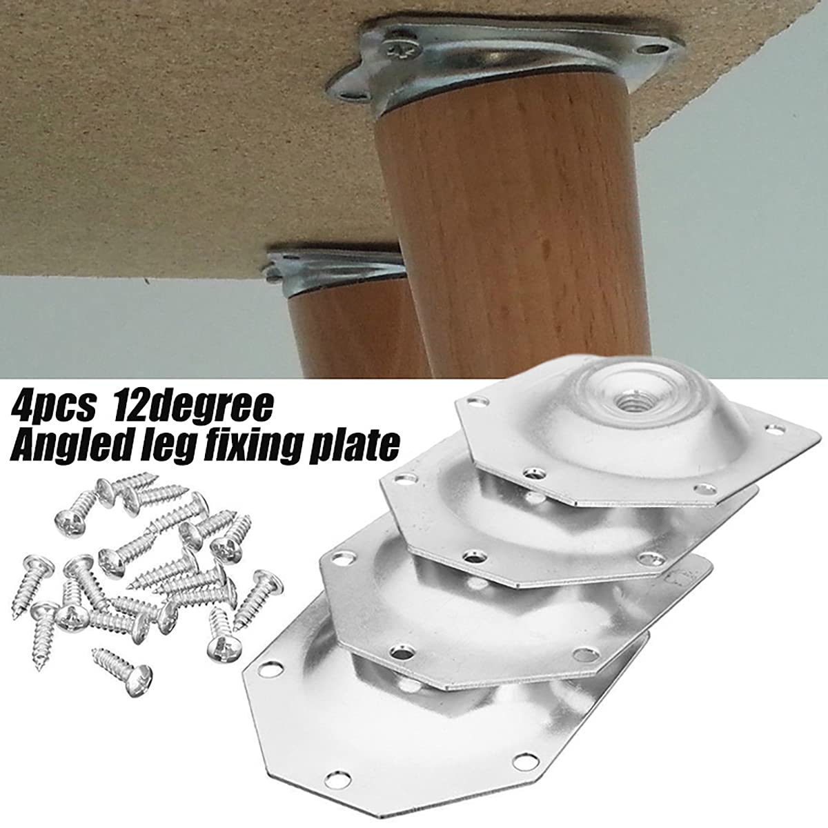 4 Sets 12 Degree Angled Furniture Leg Mounting Plates with 20 Screws - Heavy Duty Metal Bracket for Table, Sofa, Chair & Cabinet Legs - Perfect for DIY Home Furniture Repair & Assembly