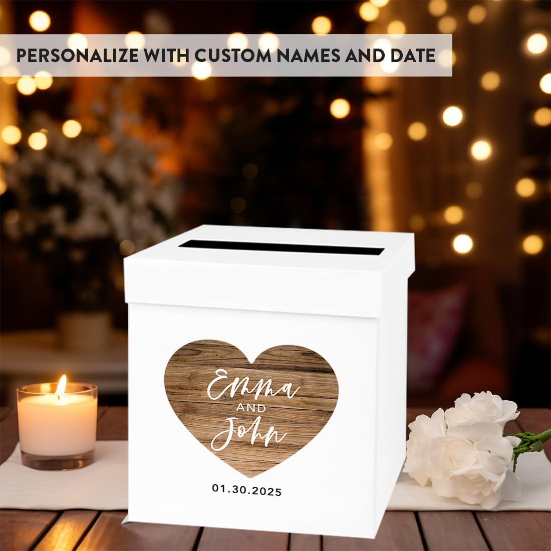 Custom Wedding Card Box 10x10x10 - Rustic Heart Gift Box for Wedding Day