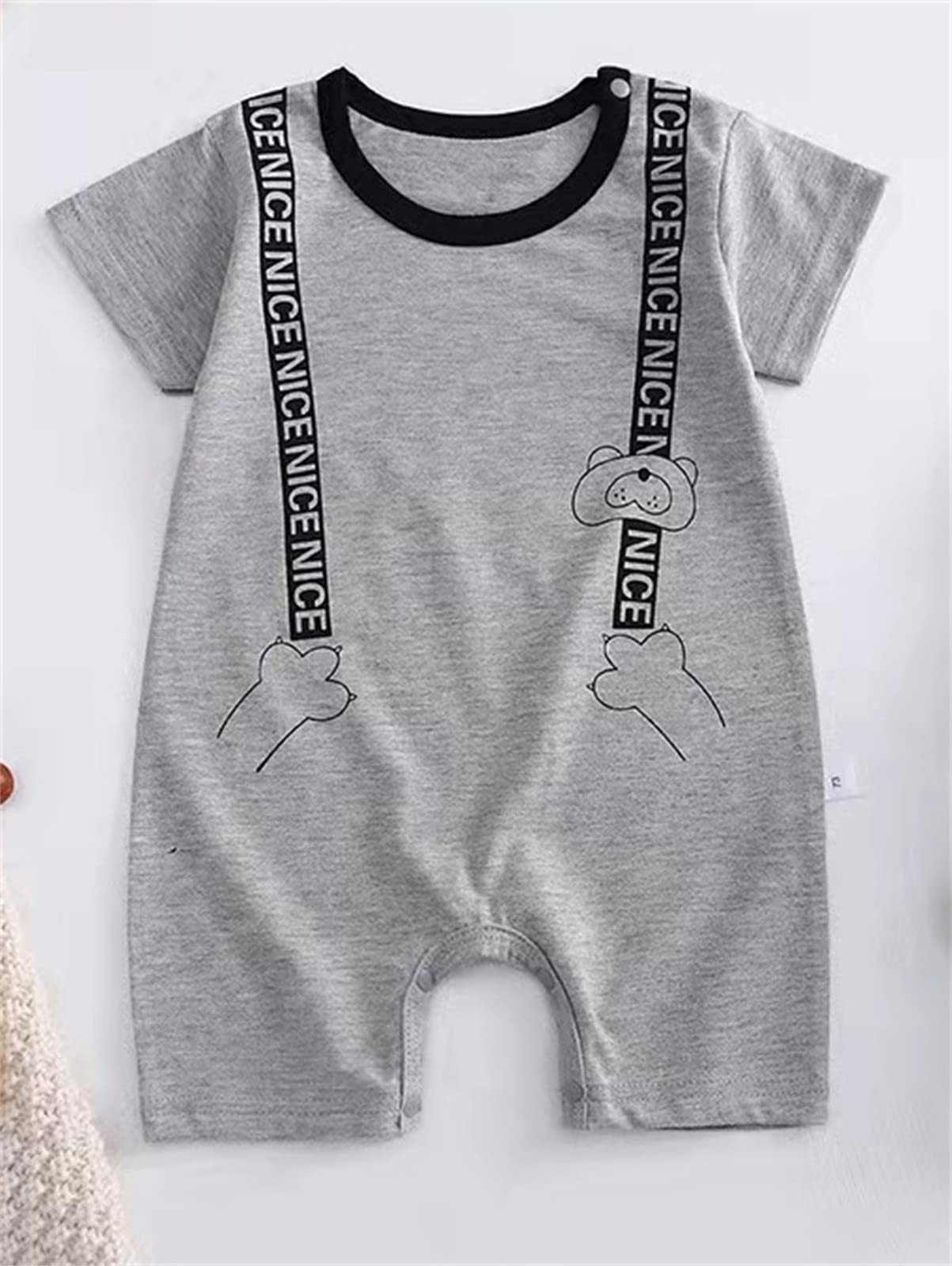 **Cute Cartoon Animal Romper for Baby Boys & Girls - Soft Cotton Short Sleeve Jumpsuit (Grey) - Perfect for Playtime, Daycare & Family Outings**