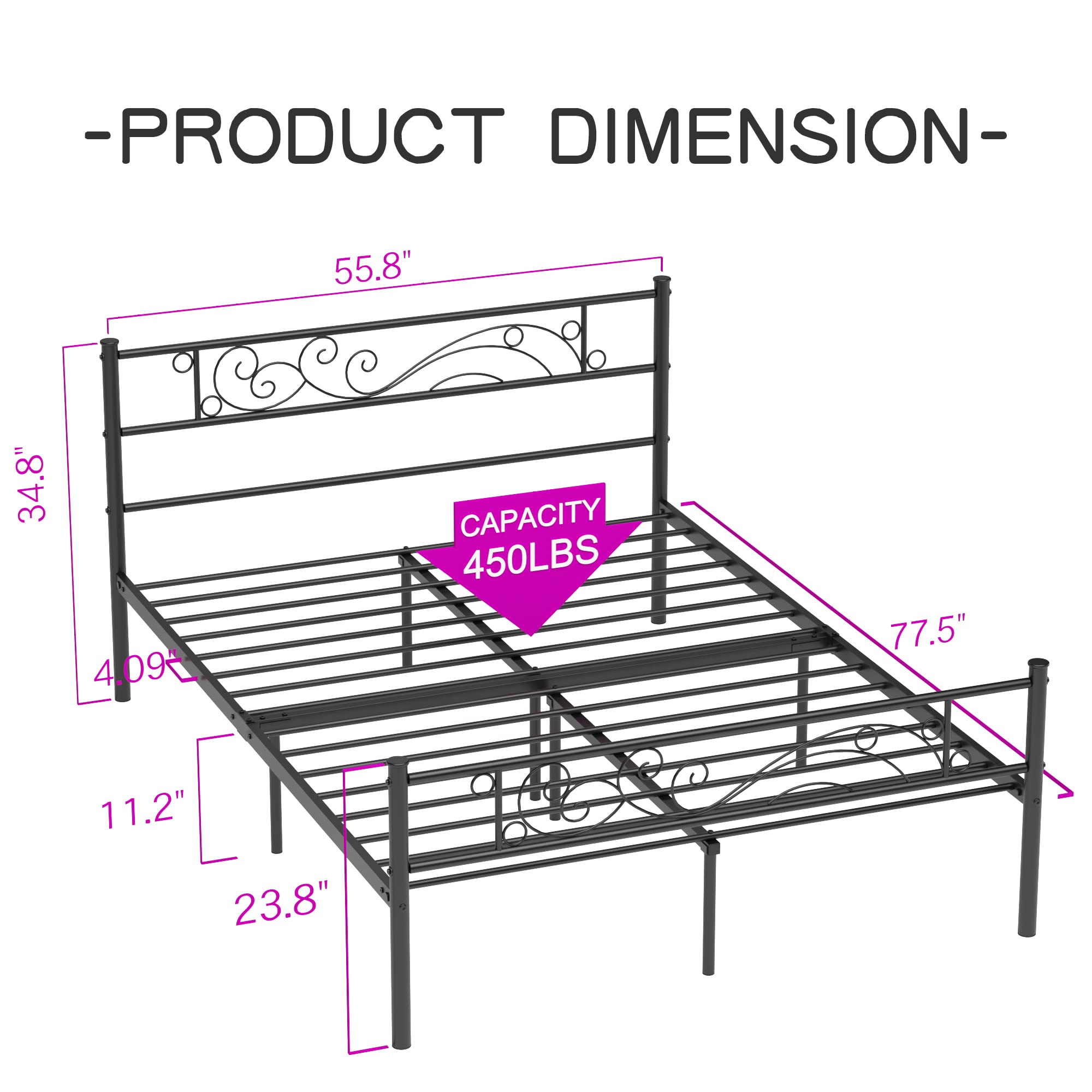 Weehom Full Size Metal Bed Frame with Headboard & Footboard - Sturdy Platform Bed Base, No Box Spring Needed - Black - Perfect for Modern Bedrooms & Guest Rooms