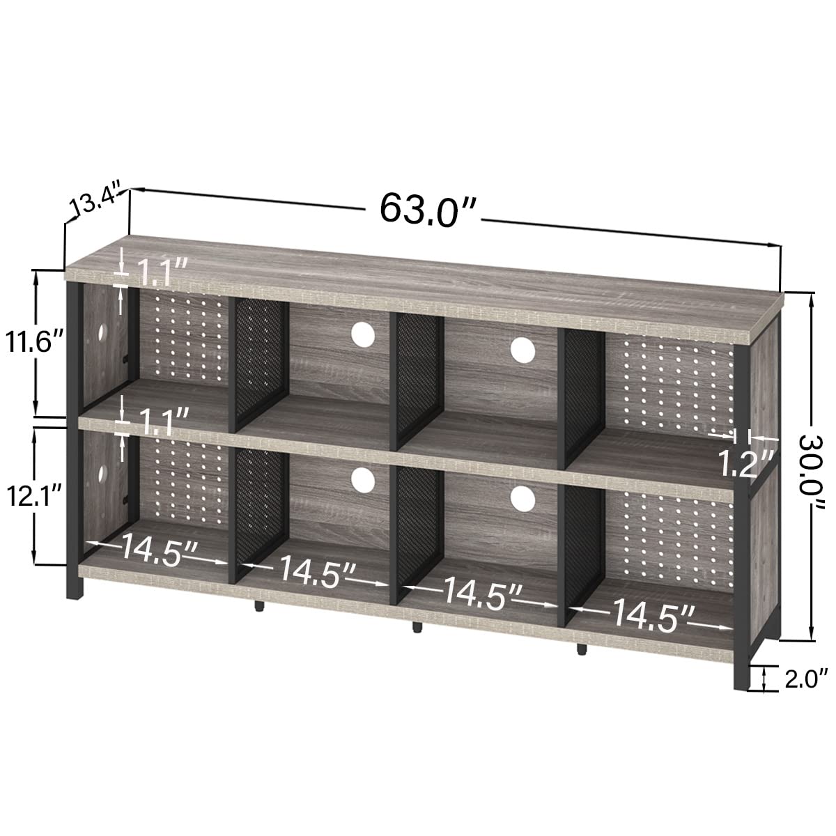 LVB Industrial 4-8 Cube Bookcase - Rustic Wood & Metal Horizontal Bookshelf - Modern Wide Cube Storage Organizer for Office, Bedroom, Living Room - Light Grey Oak 63 Inch - Perfect for Home Decor, Book Display & Storage Solutions