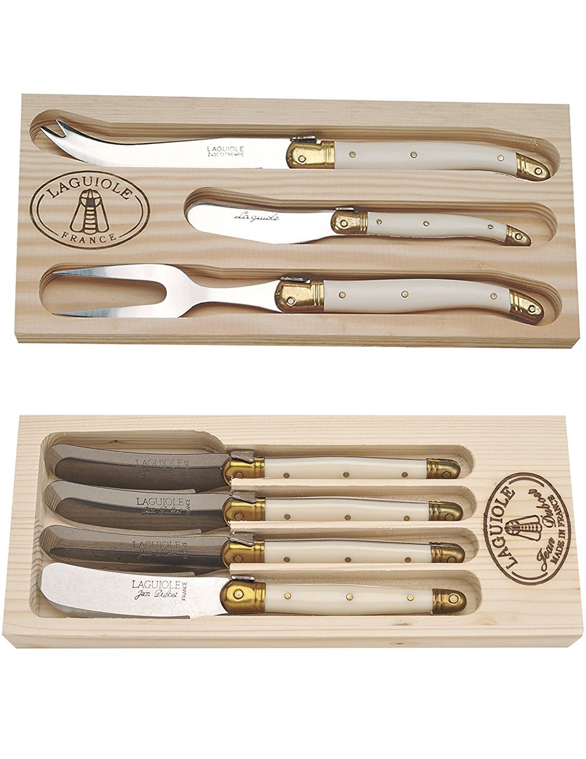 Jean Dubost Laguiole 4-Piece Spreader Set & 3-Piece Cheese Knife Set with Ivory Handles in Wooden Gift Box - Includes Kitchen Towels - Perfect for Cheese Tasting, Charcuterie Boards & Gourmet Entertaining