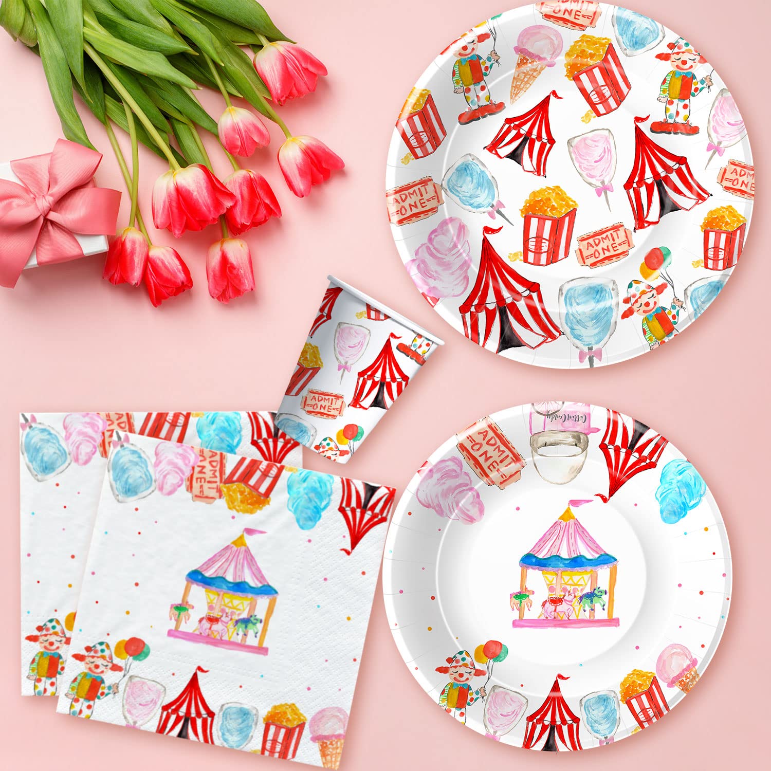 Circus Carnival Birthday Party Supplies Set - 24-Piece Dinnerware Kit with Plates, Cups & Napkins for Carnival Themed Decorations | Perfect for Kids Birthday Parties, Circus Events & Themed Celebrations