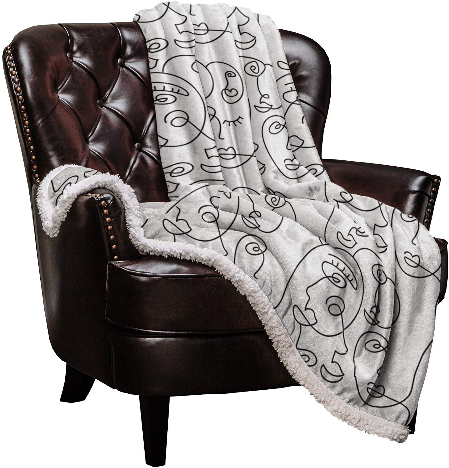 Sherpa Fleece Throw Blanket 60x80in - Soft Warm Cozy Fuzzy Plush Blanket with Abstract Face Design, Lightweight for Couch, Sofa & Bed - Perfect for Winter Nights, Movie Time and Home Decor