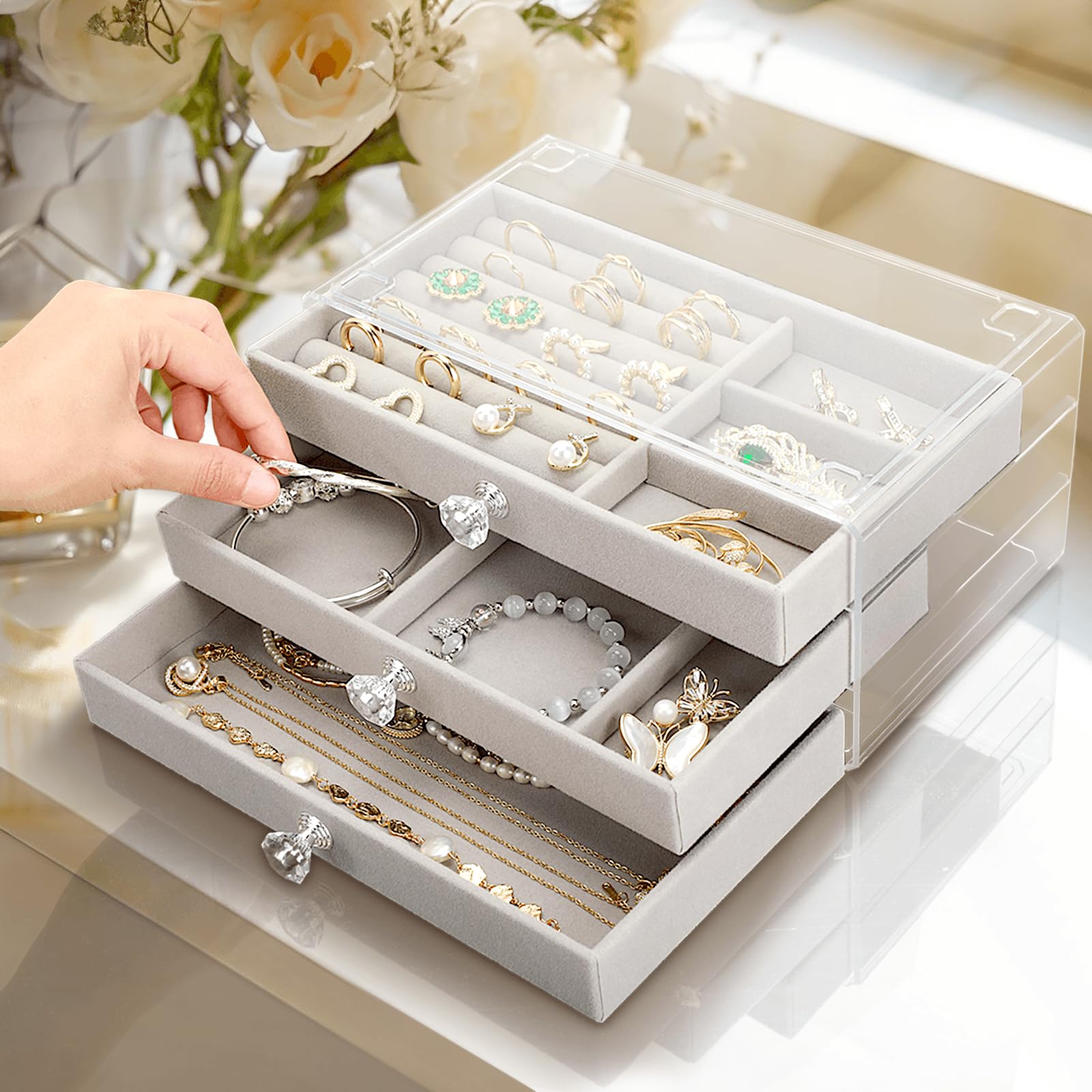 3-Drawer Clear Jewelry Organizer Box with Earring Holder - Stylish Jewelry Storage Case for Necklaces, Rings & Bracelets - Perfect Birthday Gift for Mom, Women & Girls - Great for Bedroom, Travel & Vanity Organizing