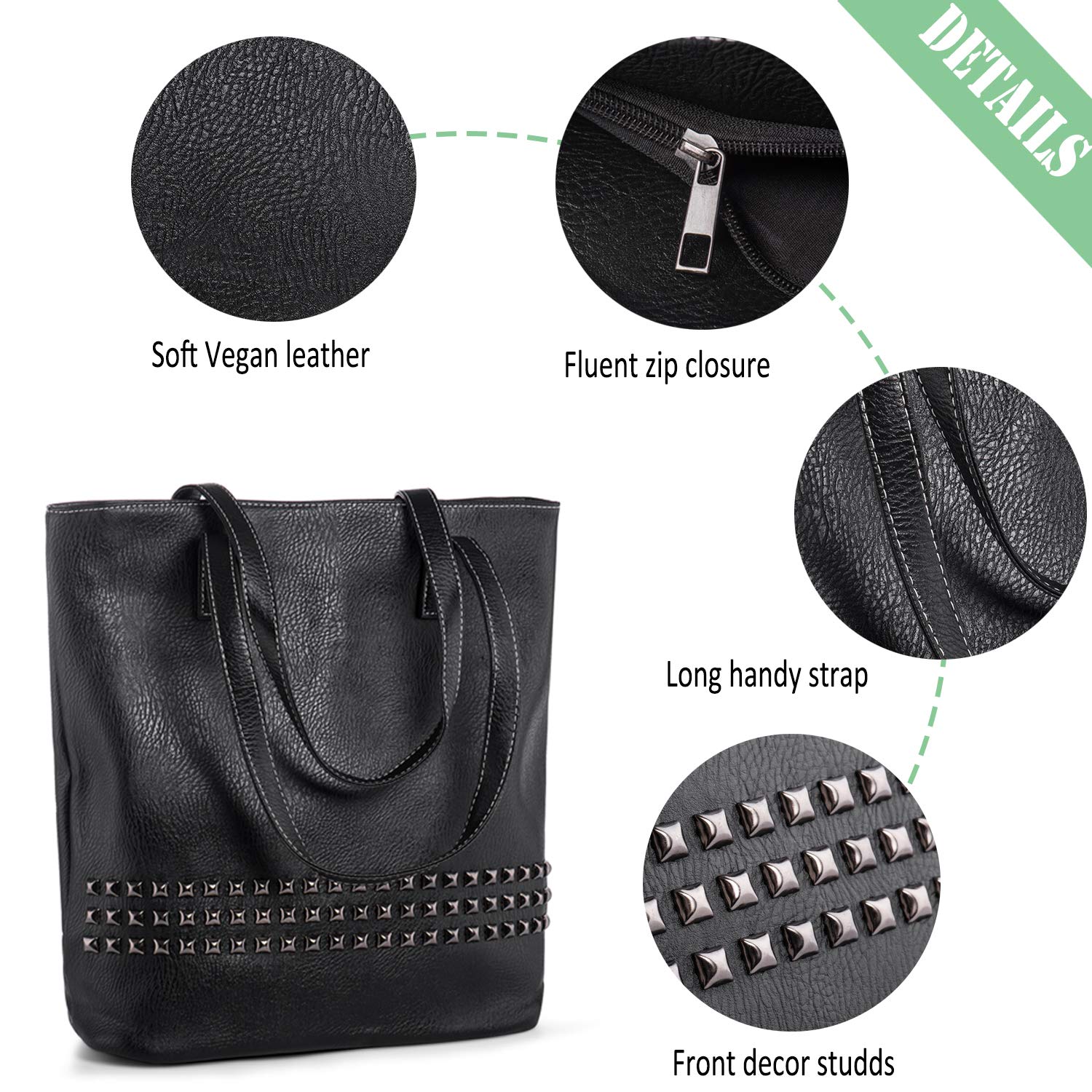 Stylish Large PU Leather Tote Bag for Women - Studded Shoulder Bag with Long Handles - Perfect for Work, Shopping & School - Black Women's Handbag