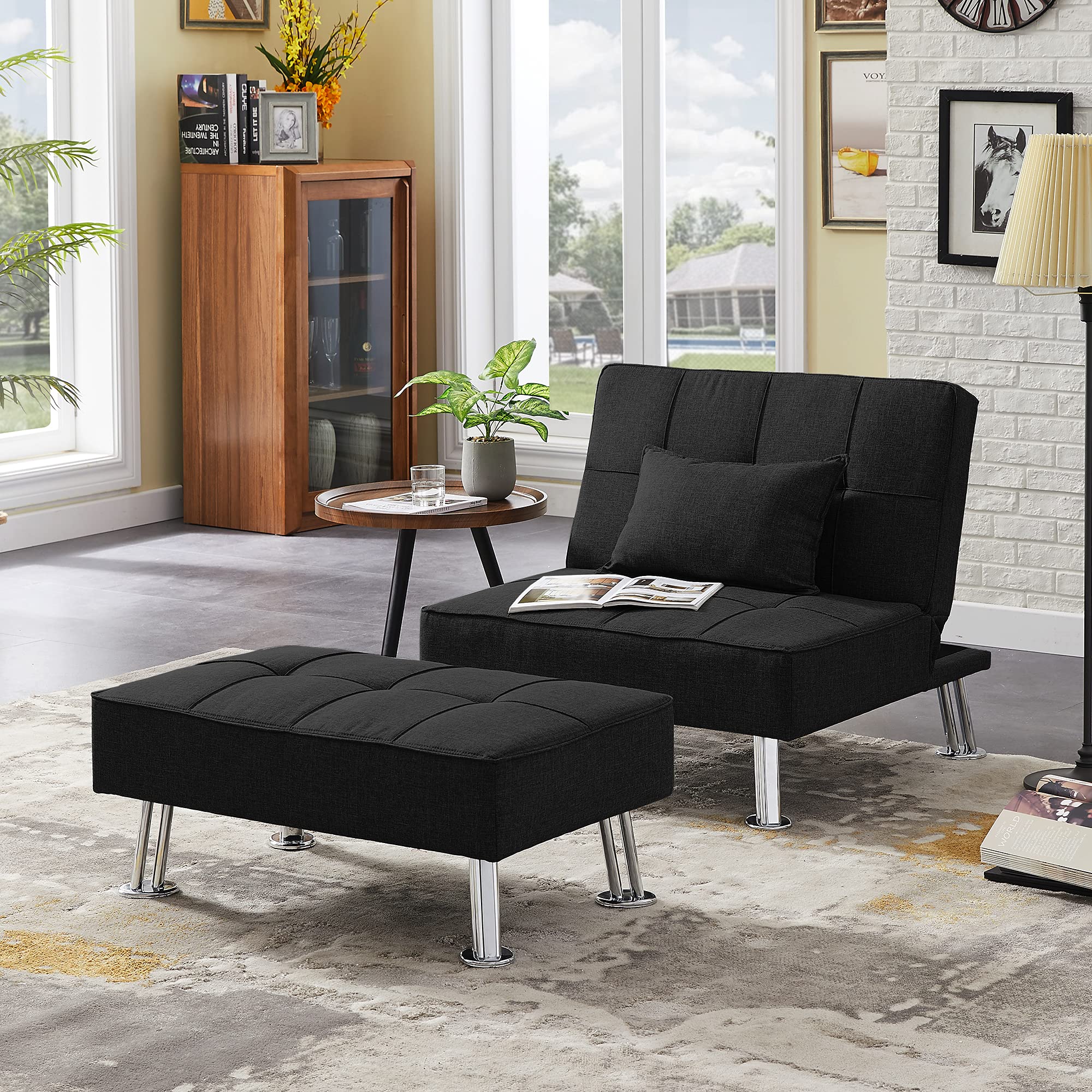 Modern Fabric Single Sofa Bed with Ottoman - Convertible Folding Futon Chair & Lounge Chair Set with Sturdy Metal Legs for Small Spaces, Guest Room & Apartment Living