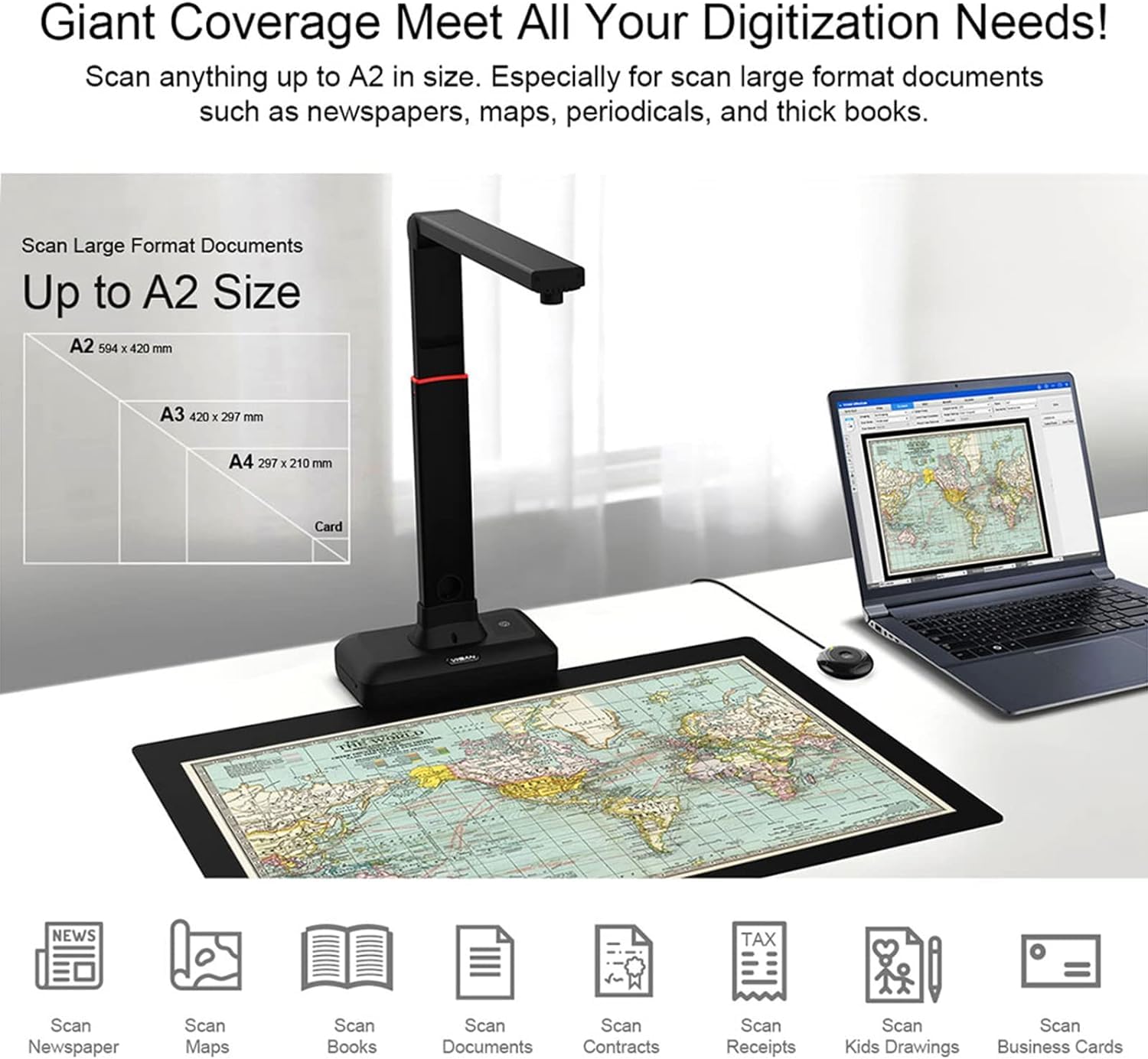 23MP High-Speed Book & Document Scanner with A2/A3 Large Format - Auto Flattening & Fingerprint Removal - Adjustable Height - Multi-Language OCR - Compatible with PC & Mac - Perfect for Office, Library & Archival Digitization Projects