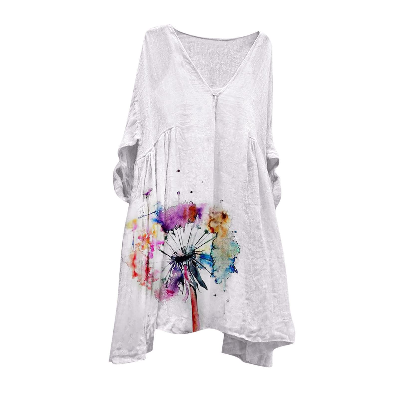 Kulywon Women's Retro Casual 3/4 Sleeve Cotton Linen Print Midi Flowy Dress - Spring Summer Boho Style Dress for Beach, Vacation & Daily Wear