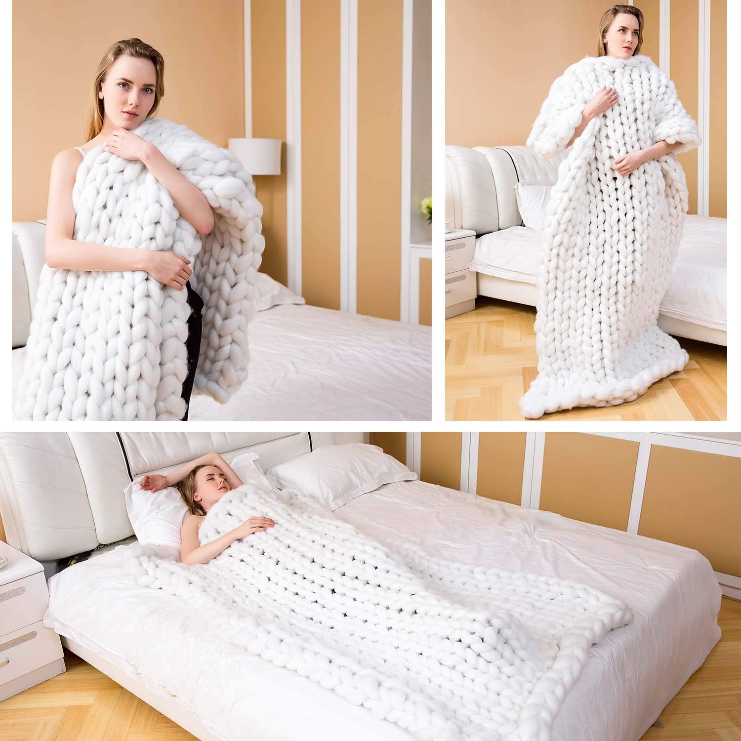 Handmade Chunky Knit Blanket - 80x80 Inches (200x200cm) - Soft Bulky Yarn Throw for Bed, Sofa, Chair, Pet Bed & Yoga Mat - Boho Home Decor in White - Perfect for Cozy Nights & Relaxation