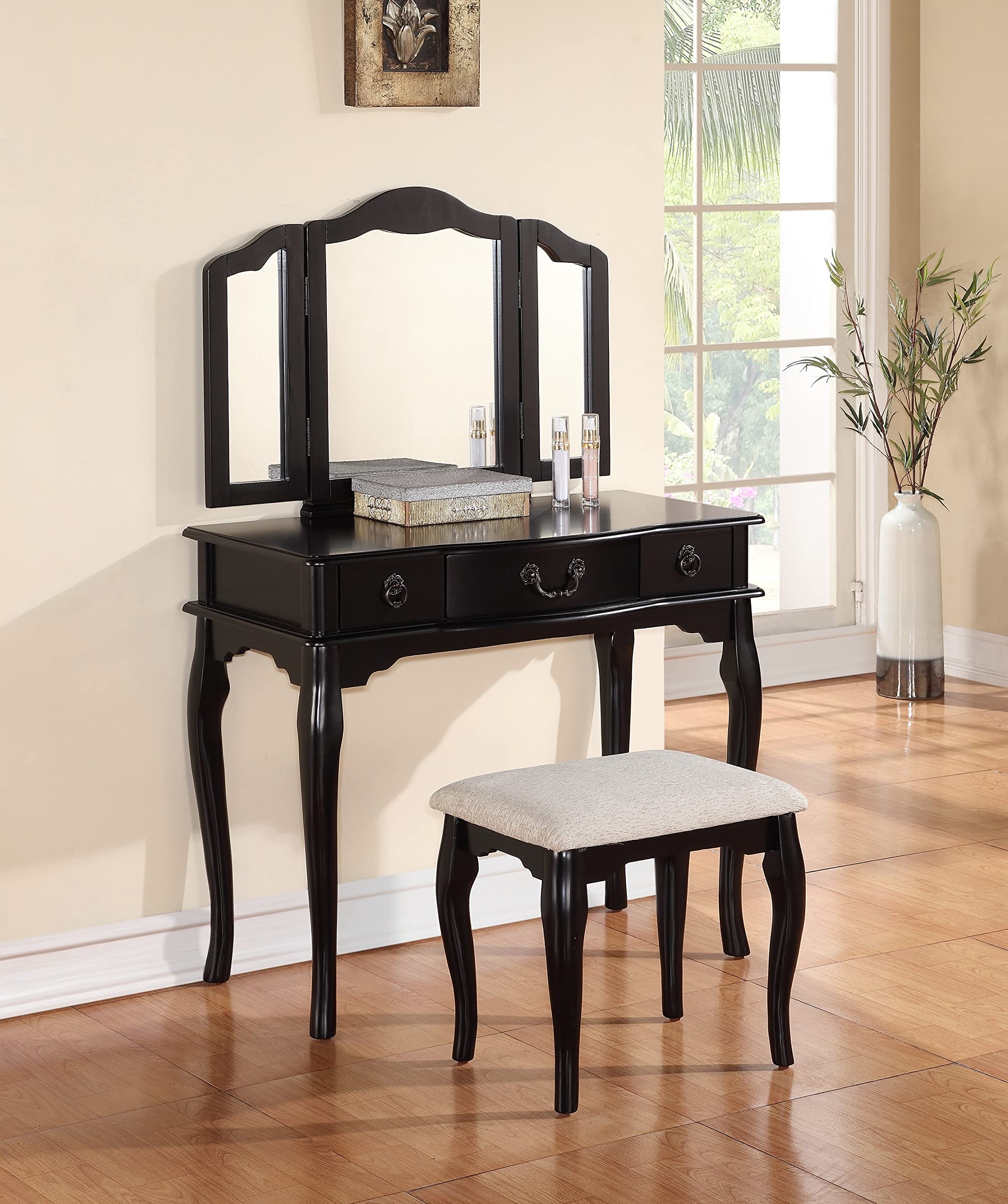 Vintage Classic Cherry Wood Bedroom Vanity Set with Foldable Mirror, Stool & Drawers - MDF Rubber Wood Furniture for Makeup & Dressing Room (Black) | Perfect for Home Decor, Bridal Dressing & Beauty Routine