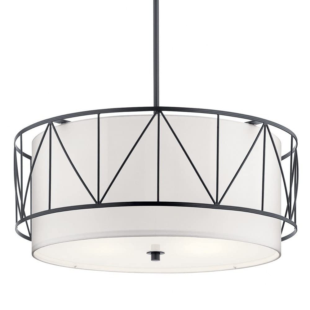 4-Light Modern Geometric Cage Drum Pendant Light Fixture with Satin Etched Glass - Black Chandelier for Dining Room, Kitchen Island & Living Room Lighting
